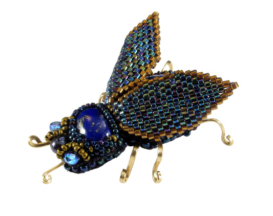 Handmade Beaded Beetle Brooch Pin With Lapis Lazuli, Gold-filled Wire, Leather, and Miyuki Glass Seed Beads & Czech Charlottes