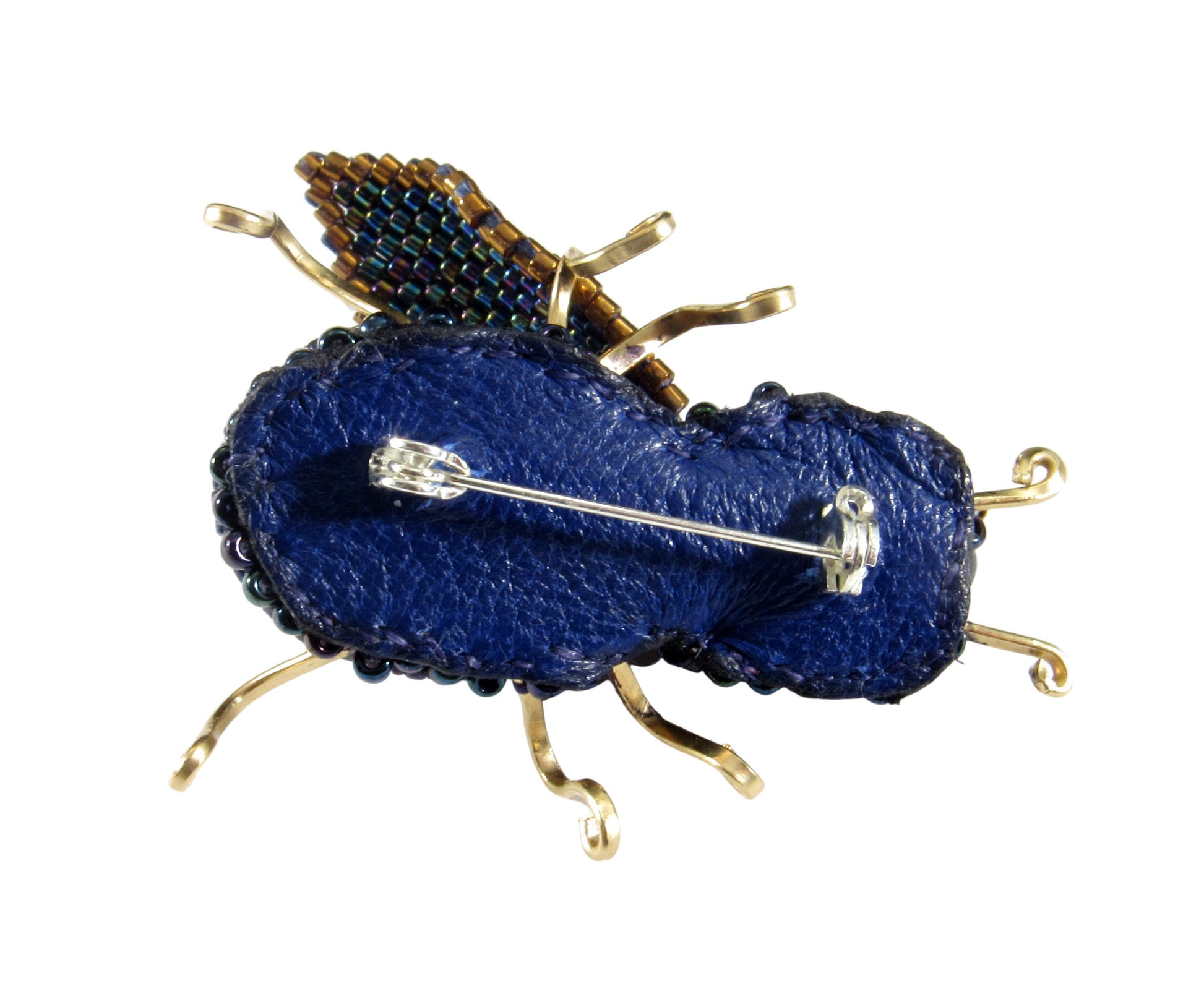 Handmade Beaded Beetle Brooch Pin With Lapis Lazuli, Gold-filled Wire, Leather, and Miyuki Glass Seed Beads & Czech Charlottes
