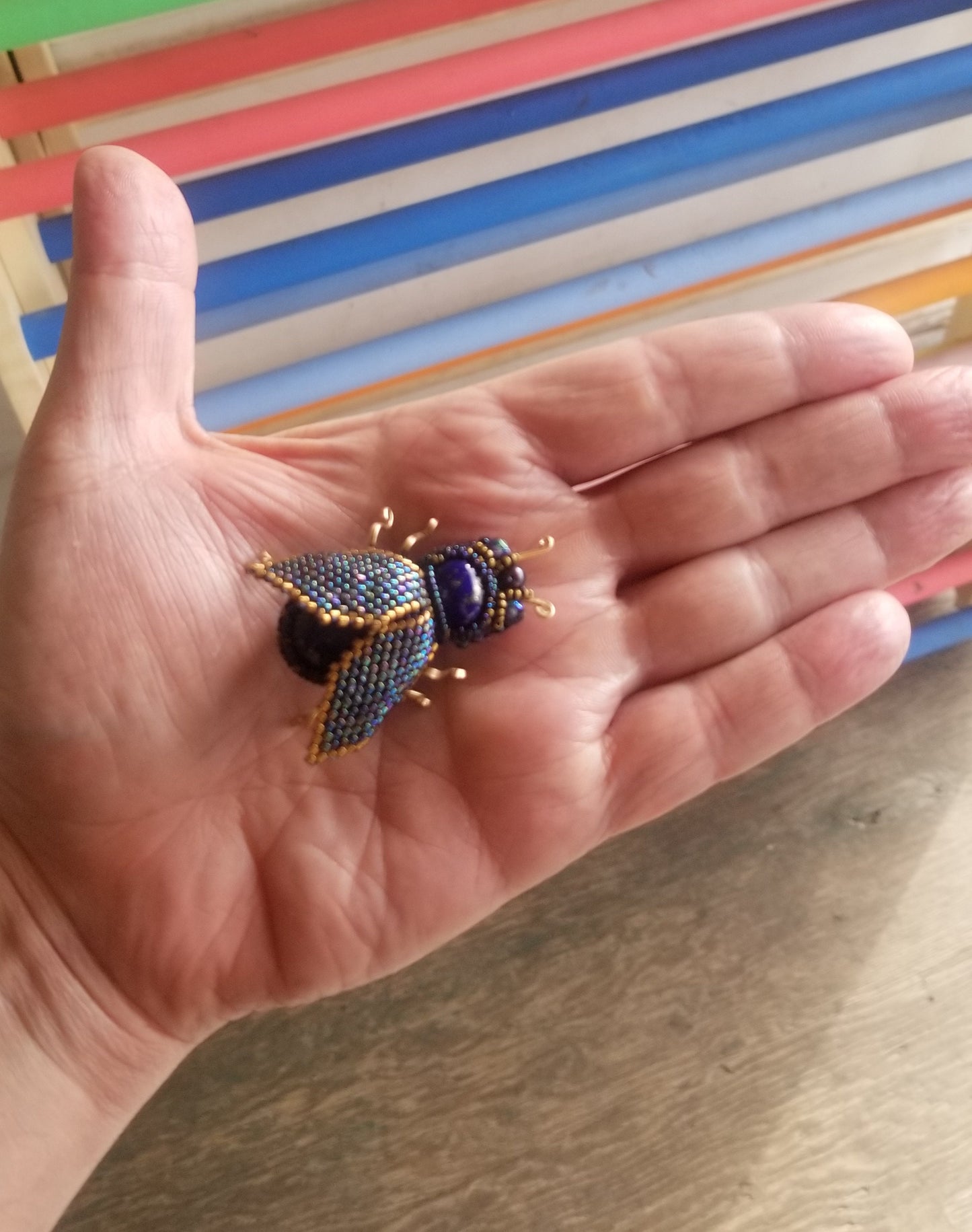 Handmade Beaded Beetle Brooch Pin With Lapis Lazuli, Gold-filled Wire, Leather, and Miyuki Glass Seed Beads & Czech Charlottes