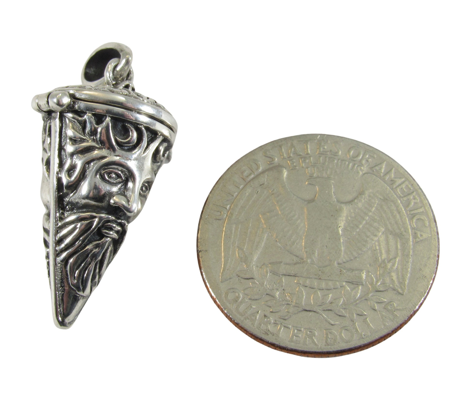 Solid 925 Sterling Silver Green Man Pendulum with Lid, Handcrafted Celtic Cernunnos Pendant for Spells & Potions