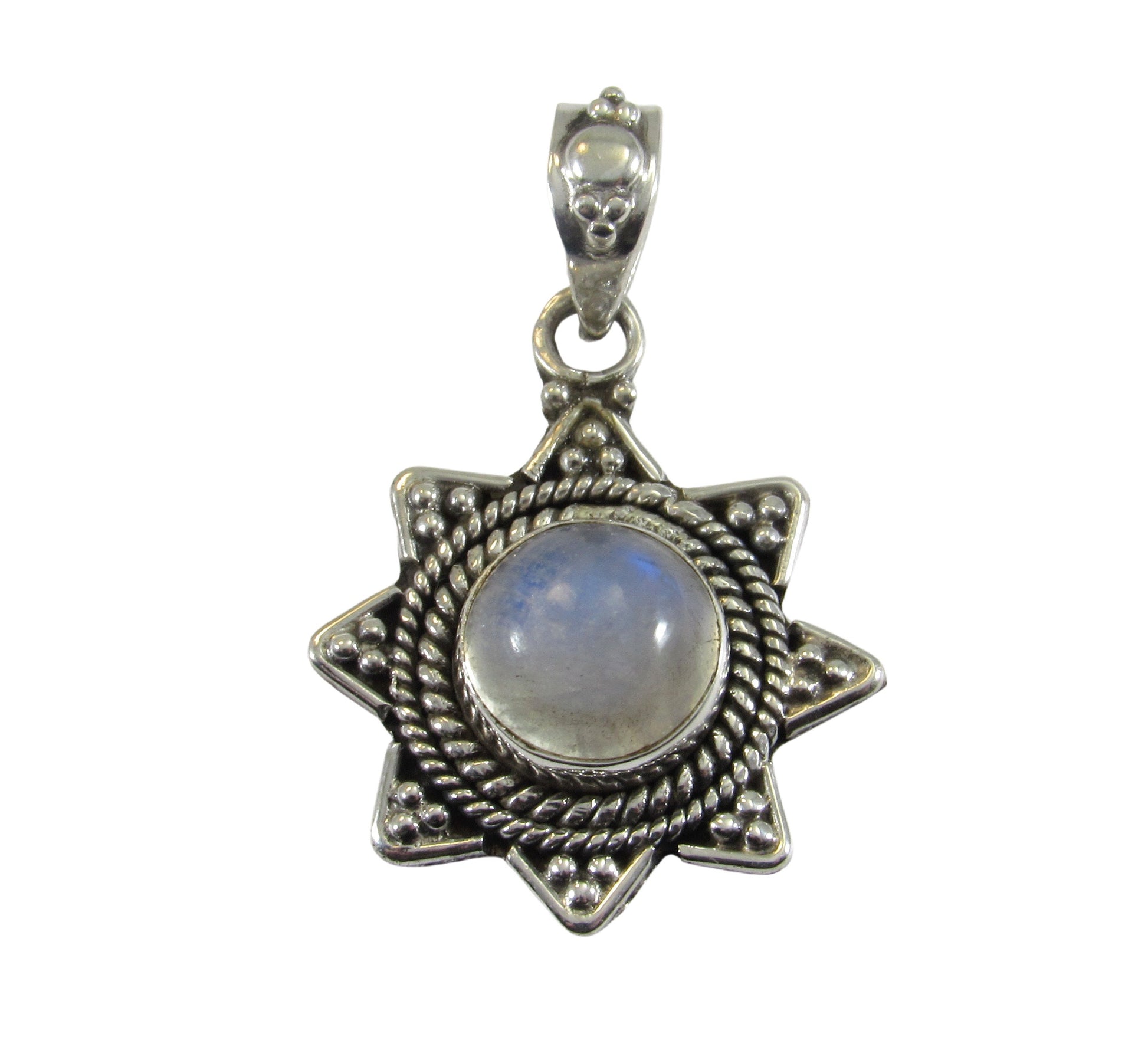 Handcrafted Solid 925 Sterling Silver Beaded Pedal Wreath Round Genuine Rainbow Moonstone Cabochon Gemstone Pendant