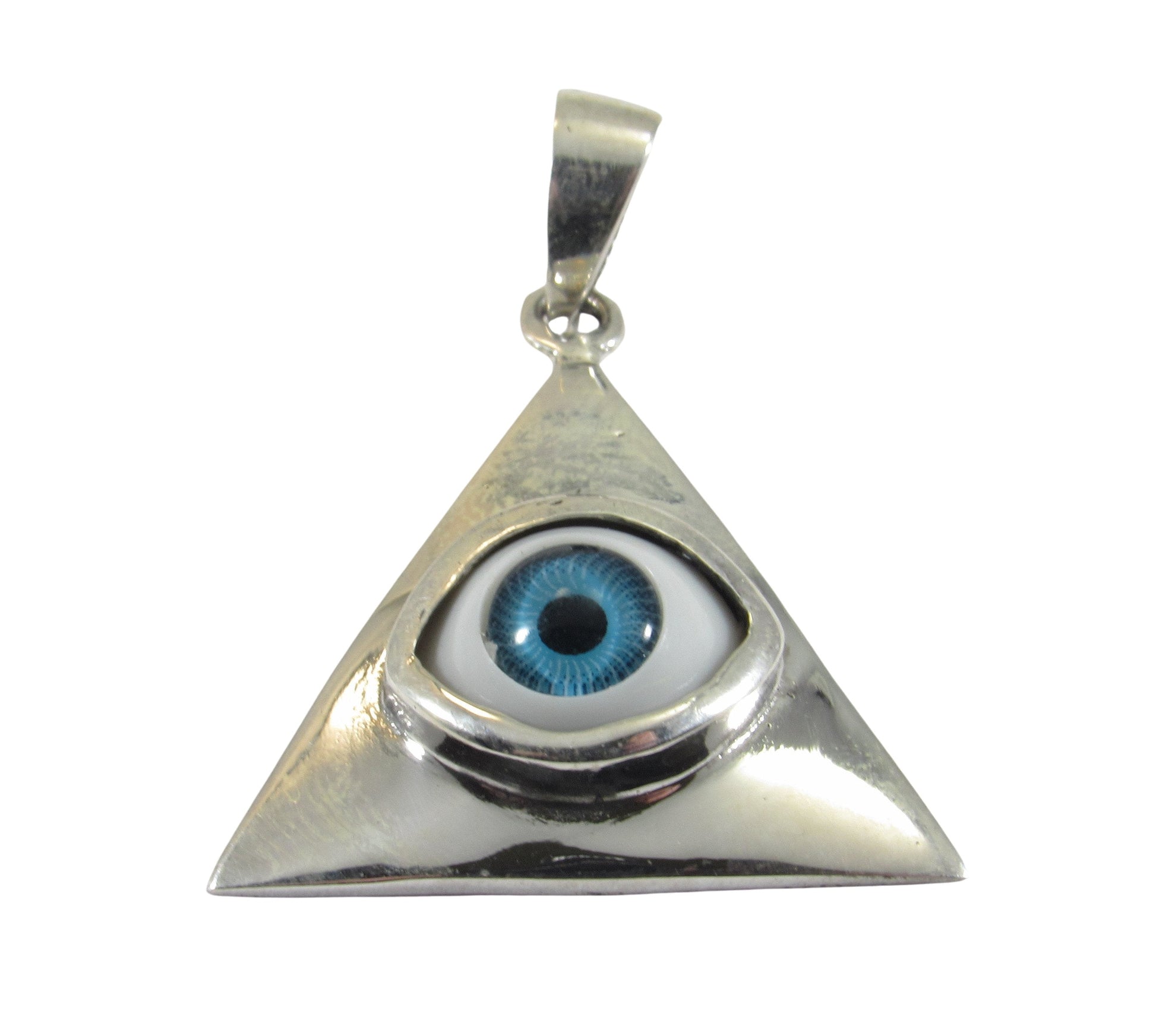 Solid 925 Sterling Silver Eye Pendant, All-Seeing Eye Jewelry, Glass Eyeball Pendant, Illuminati Triangle Necklace, Occult Protection Amulet