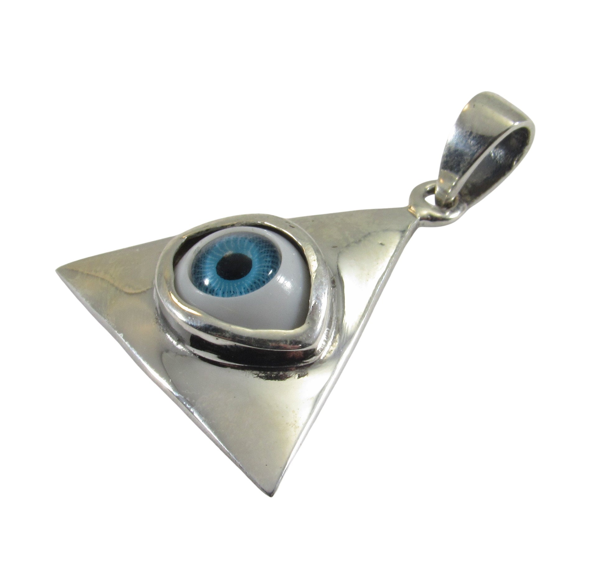 Solid 925 Sterling Silver Eye Pendant, All-Seeing Eye Jewelry, Glass Eyeball Pendant, Illuminati Triangle Necklace, Occult Protection Amulet