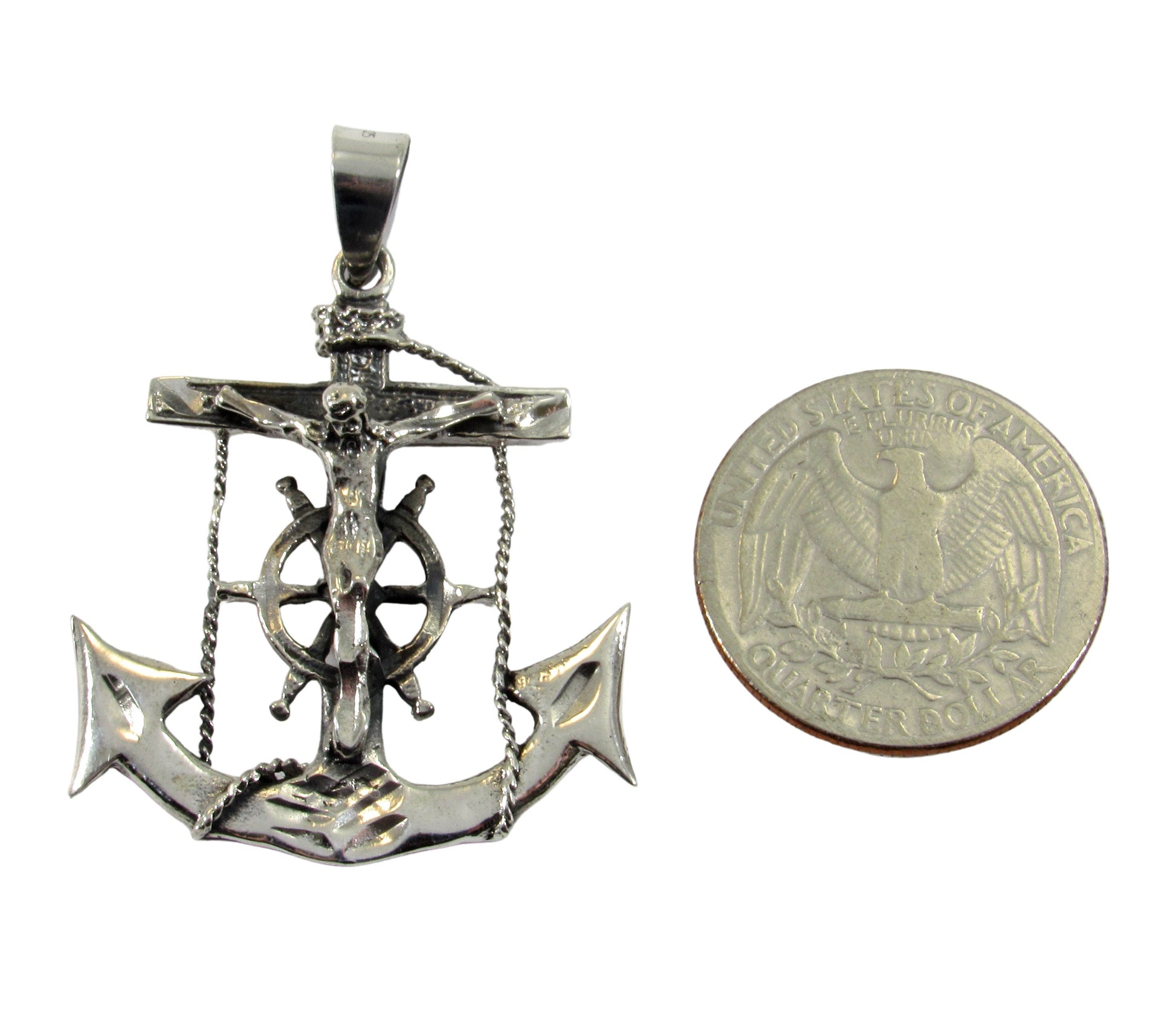 Solid 925 Sterling Silver Anchor Crucifix Pendant – Nautical Necklace Pendant, Jesus on Cross with Ship Helm, Faith & Maritime Jewelry