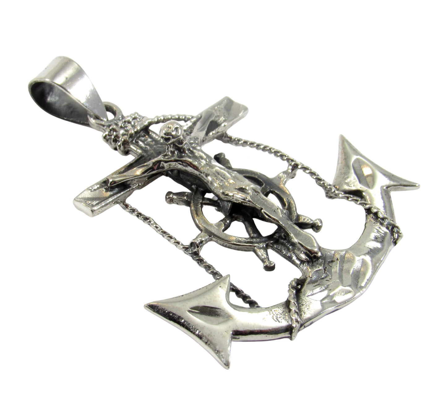 Solid 925 Sterling Silver Anchor Crucifix Pendant – Nautical Necklace Pendant, Jesus on Cross with Ship Helm, Faith & Maritime Jewelry
