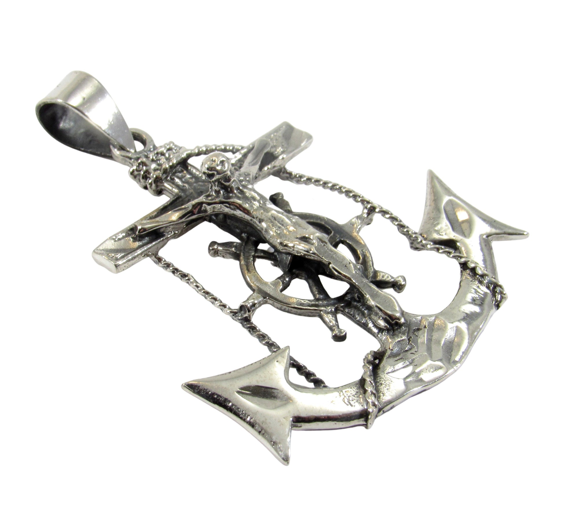 Solid 925 Sterling Silver Anchor Crucifix Pendant – Nautical Necklace Pendant, Jesus on Cross with Ship Helm, Faith & Maritime Jewelry