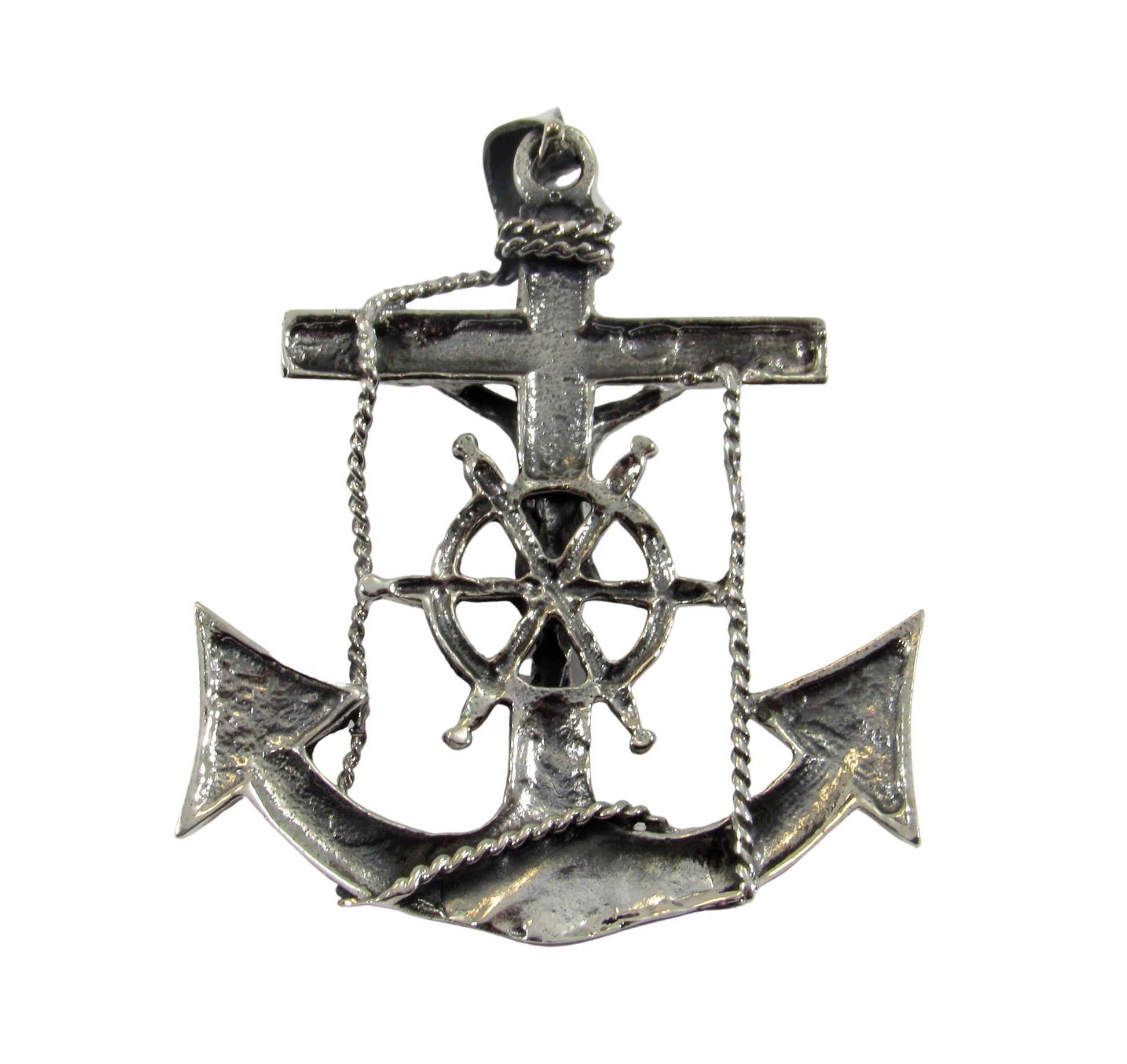 Solid 925 Sterling Silver Anchor Crucifix Pendant – Nautical Necklace Pendant, Jesus on Cross with Ship Helm, Faith & Maritime Jewelry