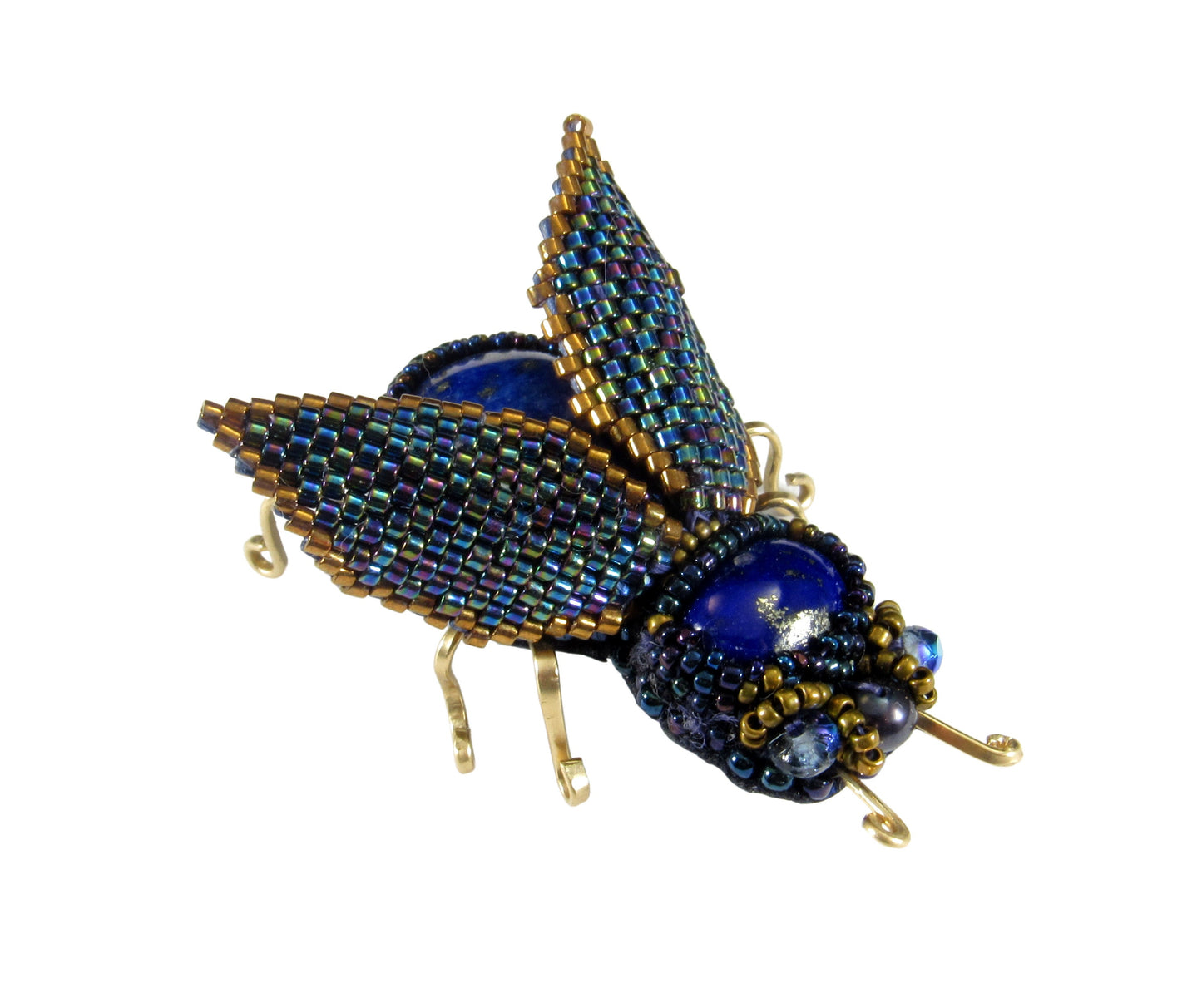 Handmade Beaded Beetle Brooch Pin With Lapis Lazuli, Gold-filled Wire, Leather, and Miyuki Glass Seed Beads & Czech Charlottes