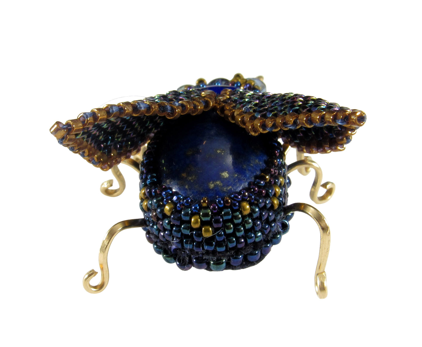 Handmade Beaded Beetle Brooch Pin With Lapis Lazuli, Gold-filled Wire, Leather, and Miyuki Glass Seed Beads & Czech Charlottes