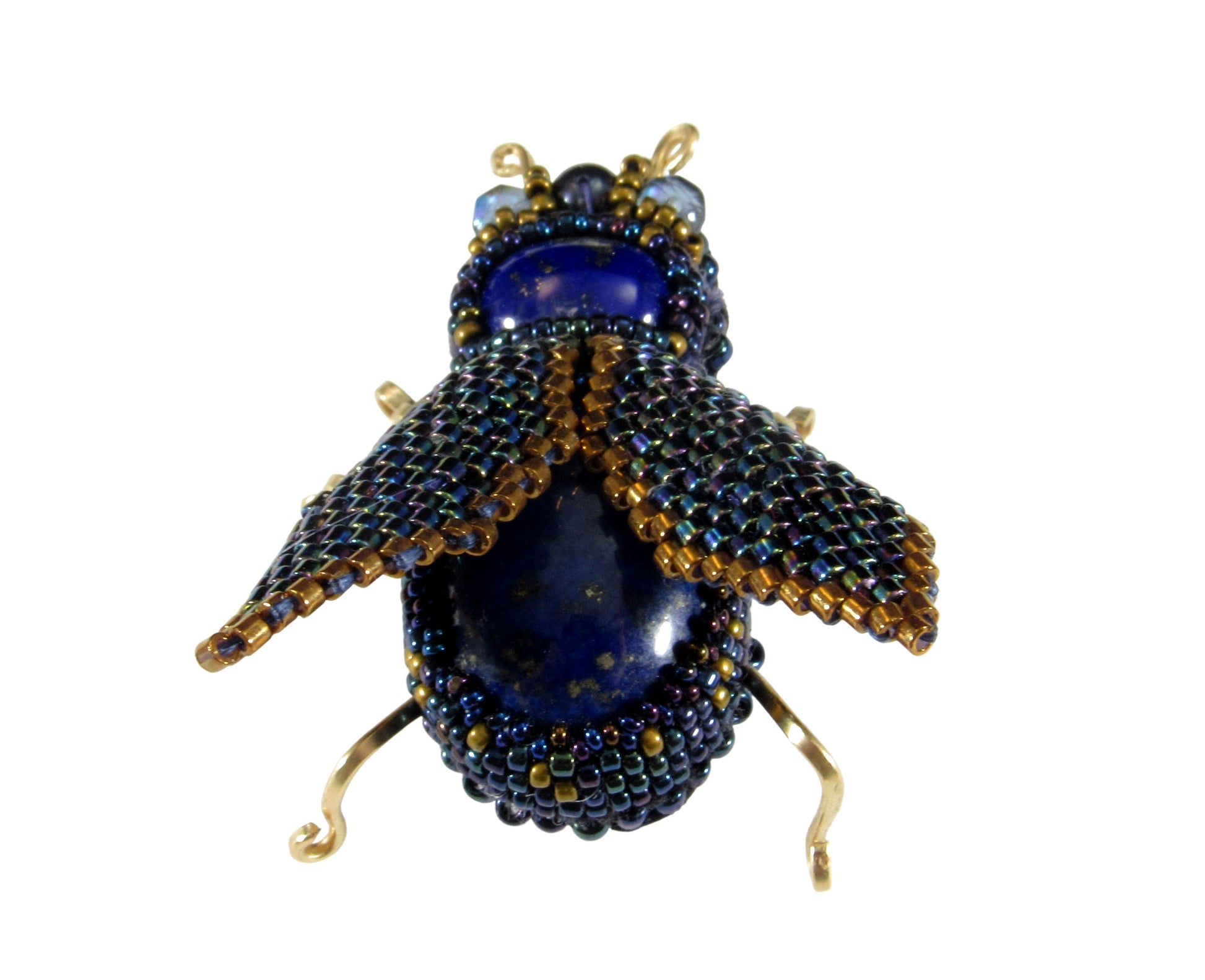 Handmade Beaded Beetle Brooch Pin With Lapis Lazuli, Gold-filled Wire, Leather, and Miyuki Glass Seed Beads & Czech Charlottes