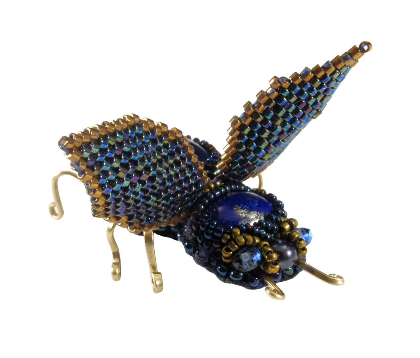 Handmade Beaded Beetle Brooch Pin With Lapis Lazuli, Gold-filled Wire, Leather, and Miyuki Glass Seed Beads & Czech Charlottes