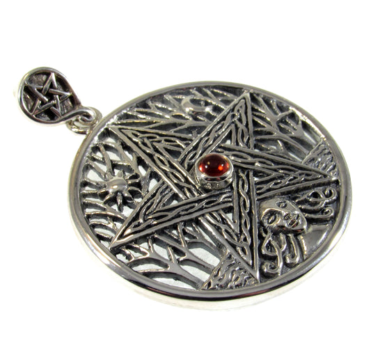 Solid 925 Sterling Silver Tree of Life Goddess Pentacle With Garnet, Amethyst, or Moonstone, Sun & Moon Amulet, Wiccan Pagan Magick Talisman