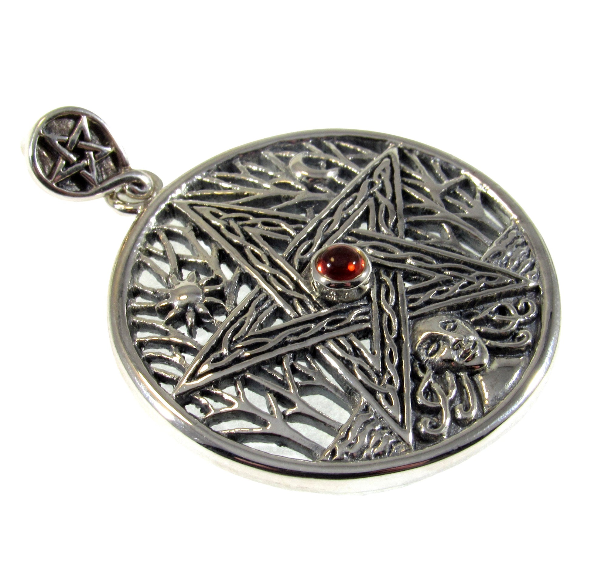 Solid 925 Sterling Silver Tree of Life Goddess Pentacle With Garnet, Amethyst, or Moonstone, Sun & Moon Amulet, Wiccan Pagan Magick Talisman