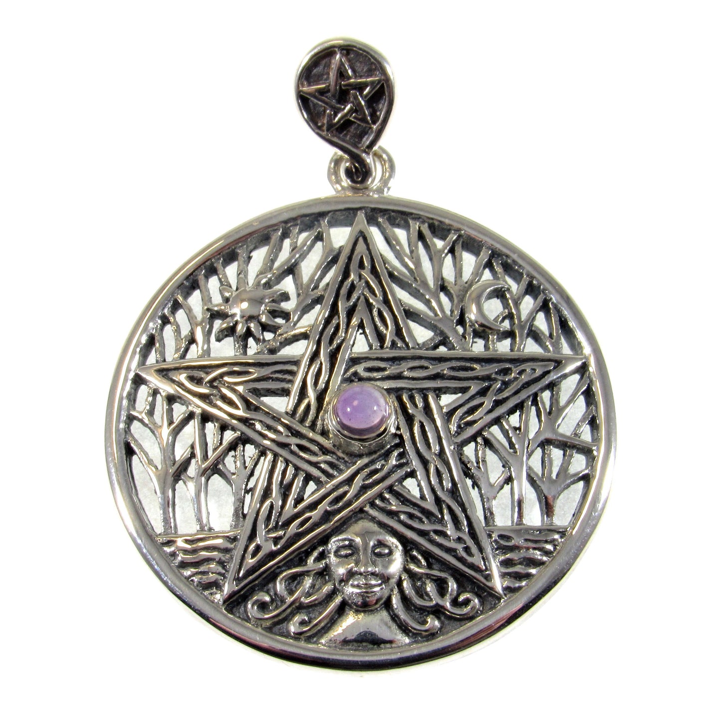 Solid 925 Sterling Silver Tree of Life Goddess Pentacle With Garnet, Amethyst, or Moonstone, Sun & Moon Amulet, Wiccan Pagan Magick Talisman