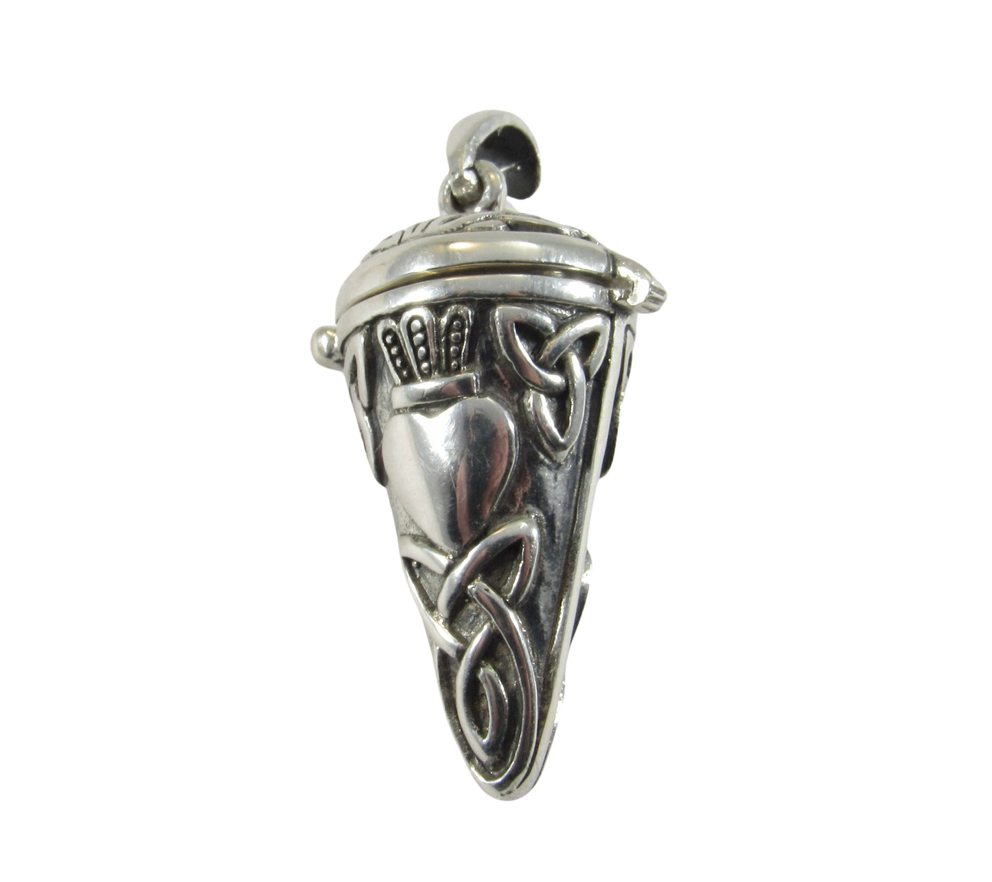 Solid 925 Sterling Silver Celtic Claddagh Pendulum with Lid, Handcrafted Magick Pendant for Spells & Potions