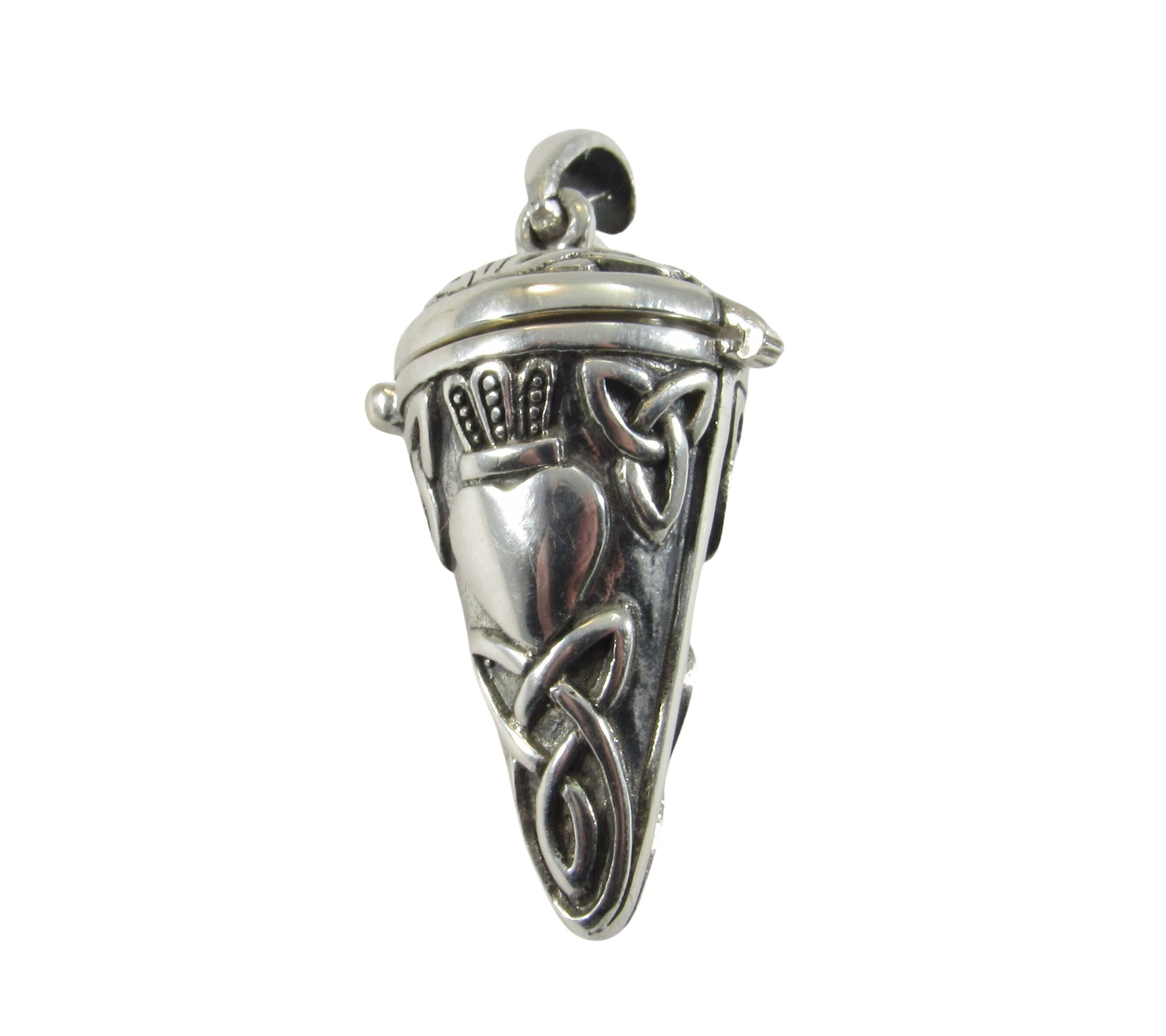 Solid 925 Sterling Silver Celtic Claddagh Pendulum with Lid, Handcrafted Magick Pendant for Spells & Potions
