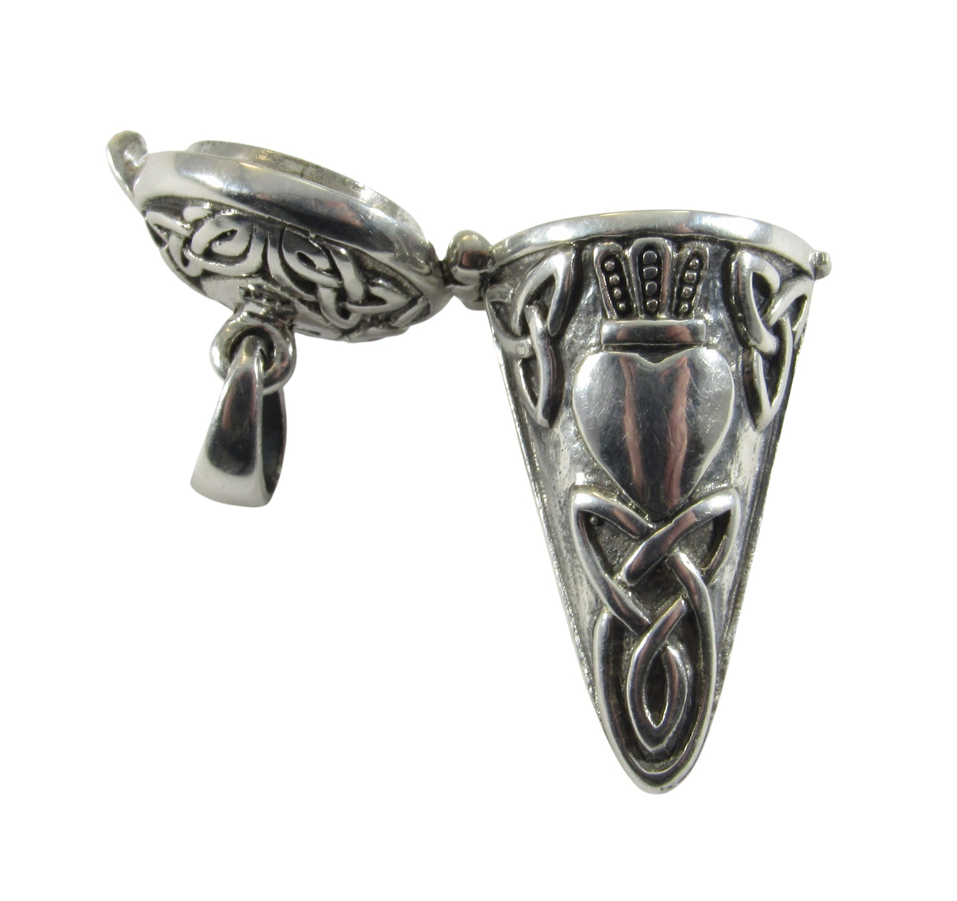 Solid 925 Sterling Silver Celtic Claddagh Pendulum with Lid, Handcrafted Magick Pendant for Spells & Potions