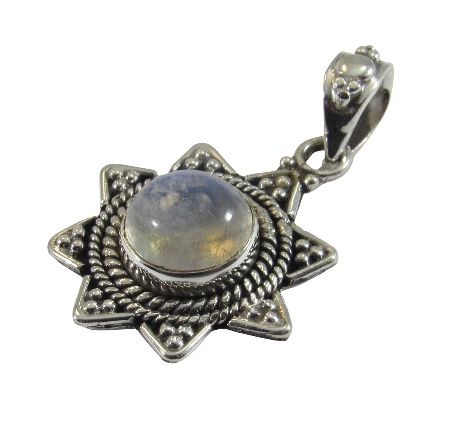 Handcrafted Solid 925 Sterling Silver Beaded Pedal Wreath Round Genuine Rainbow Moonstone Cabochon Gemstone Pendant