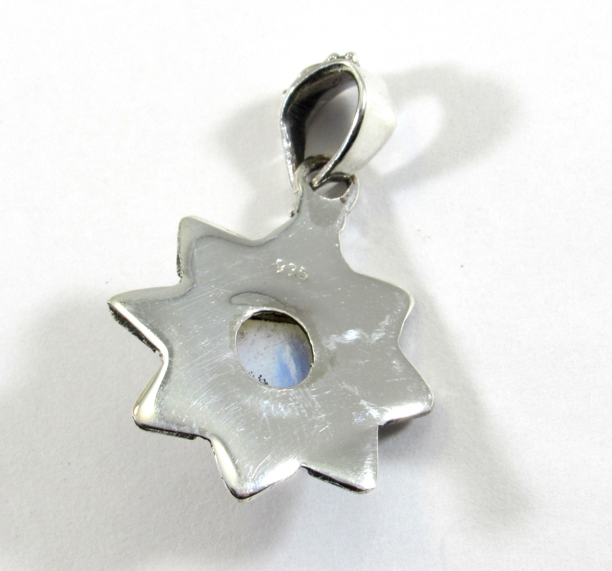 Handcrafted Solid 925 Sterling Silver Beaded Pedal Wreath Round Genuine Rainbow Moonstone Cabochon Gemstone Pendant
