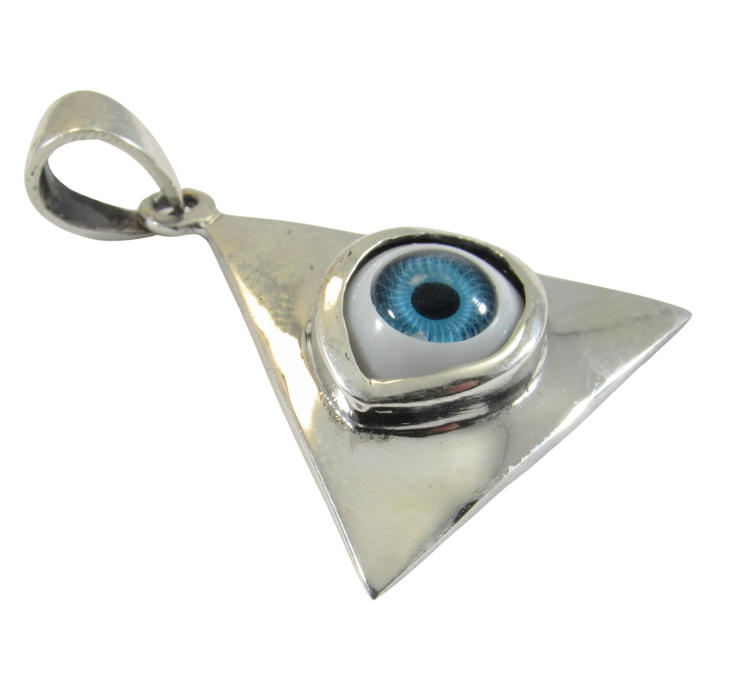 Solid 925 Sterling Silver Eye Pendant, All-Seeing Eye Jewelry, Glass Eyeball Pendant, Illuminati Triangle Necklace, Occult Protection Amulet
