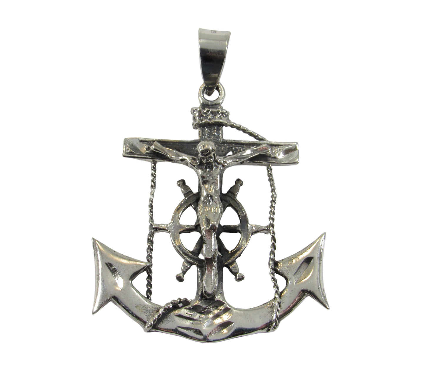 Solid 925 Sterling Silver Anchor Crucifix Pendant – Nautical Necklace Pendant, Jesus on Cross with Ship Helm, Faith & Maritime Jewelry