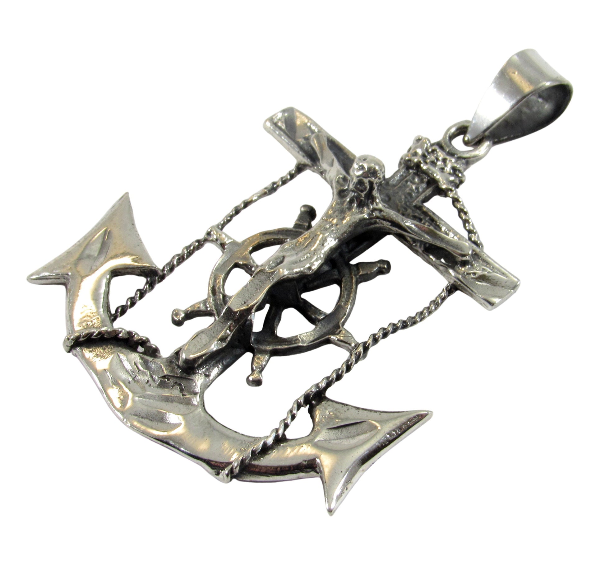 Solid 925 Sterling Silver Anchor Crucifix Pendant – Nautical Necklace Pendant, Jesus on Cross with Ship Helm, Faith & Maritime Jewelry