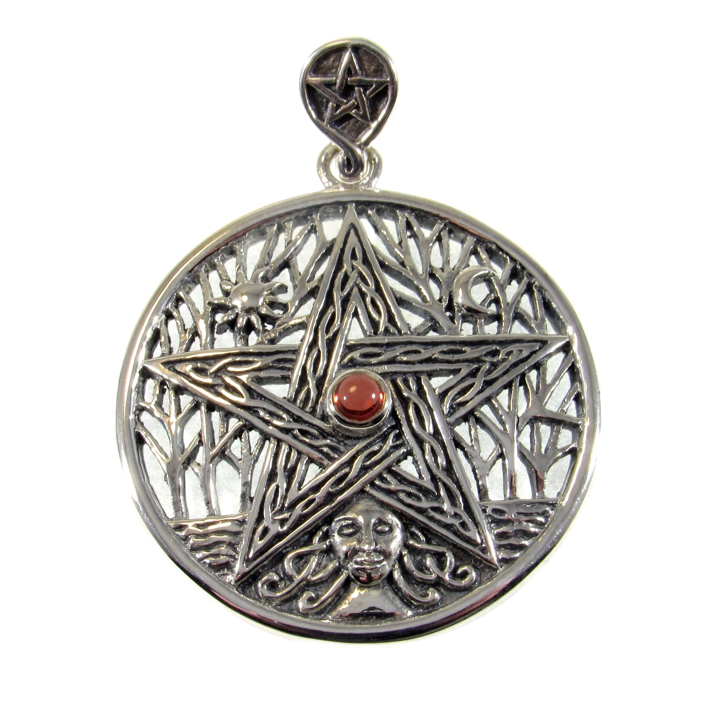 Solid 925 Sterling Silver Tree of Life Goddess Pentacle With Garnet, Amethyst, or Moonstone, Sun & Moon Amulet, Wiccan Pagan Magick Talisman