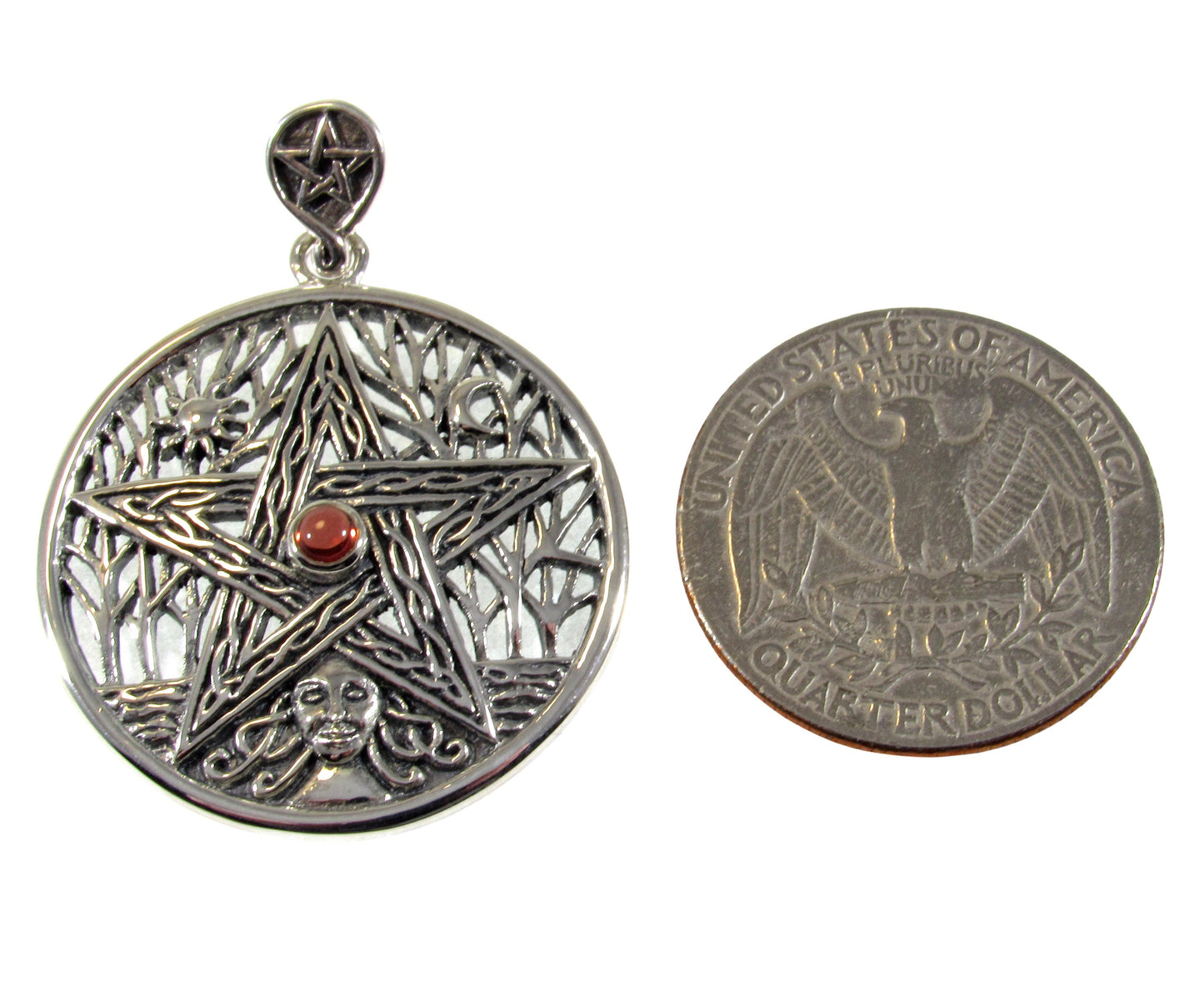 Solid 925 Sterling Silver Tree of Life Goddess Pentacle With Garnet, Amethyst, or Moonstone, Sun & Moon Amulet, Wiccan Pagan Magick Talisman