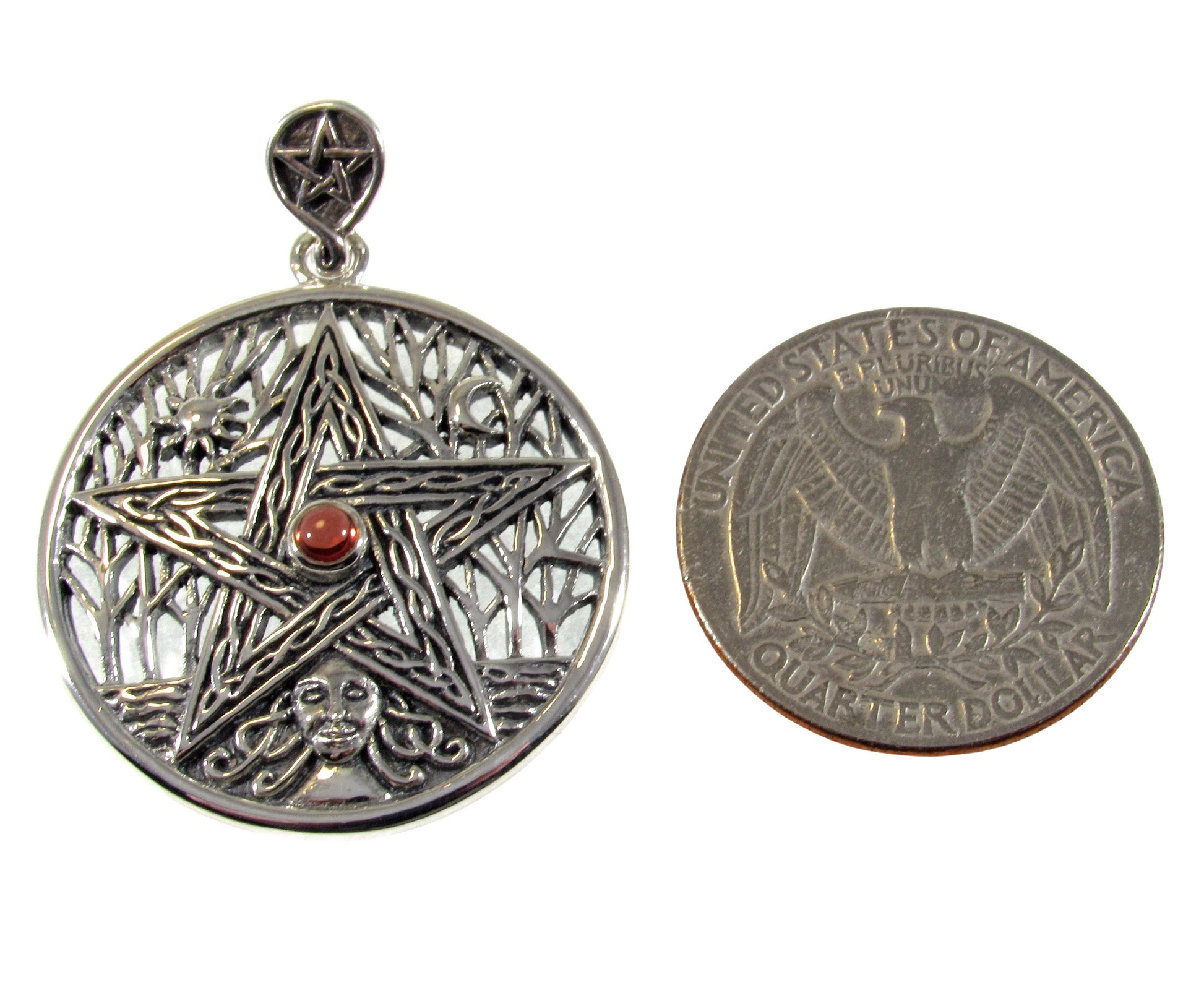 Solid 925 Sterling Silver Tree of Life Goddess Pentacle With Garnet, Amethyst, or Moonstone, Sun & Moon Amulet, Wiccan Pagan Magick Talisman