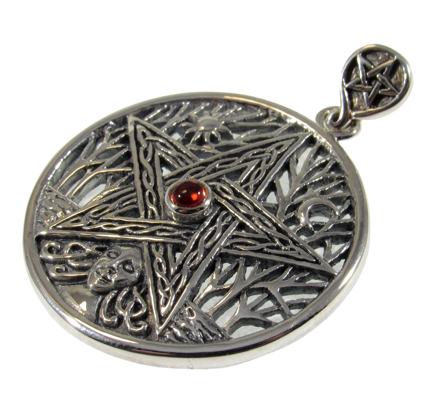 Solid 925 Sterling Silver Tree of Life Goddess Pentacle With Garnet, Amethyst, or Moonstone, Sun & Moon Amulet, Wiccan Pagan Magick Talisman