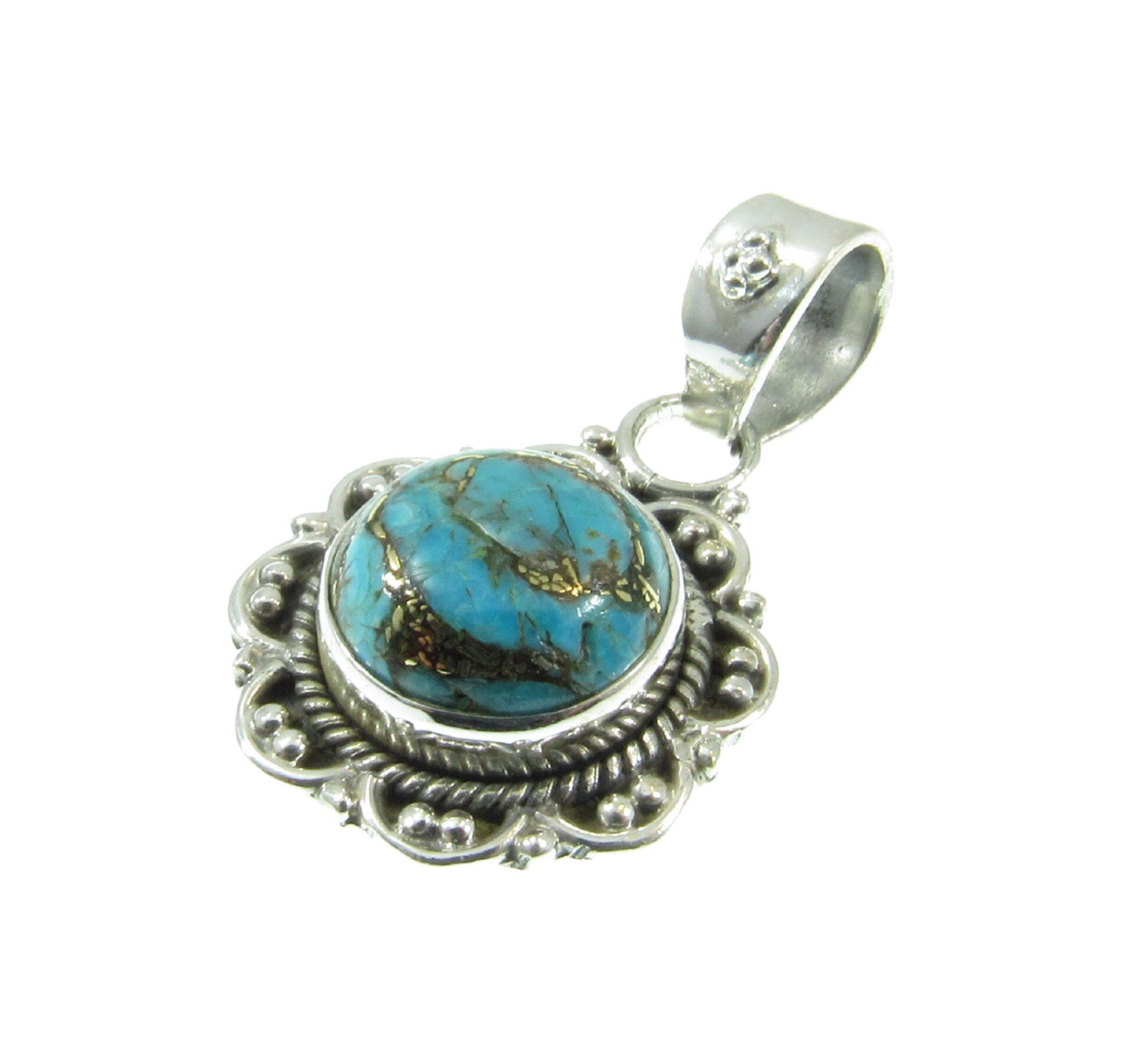 Handcrafted Solid 925 Sterling Silver and Copper Turquoise Cabochon Pendant