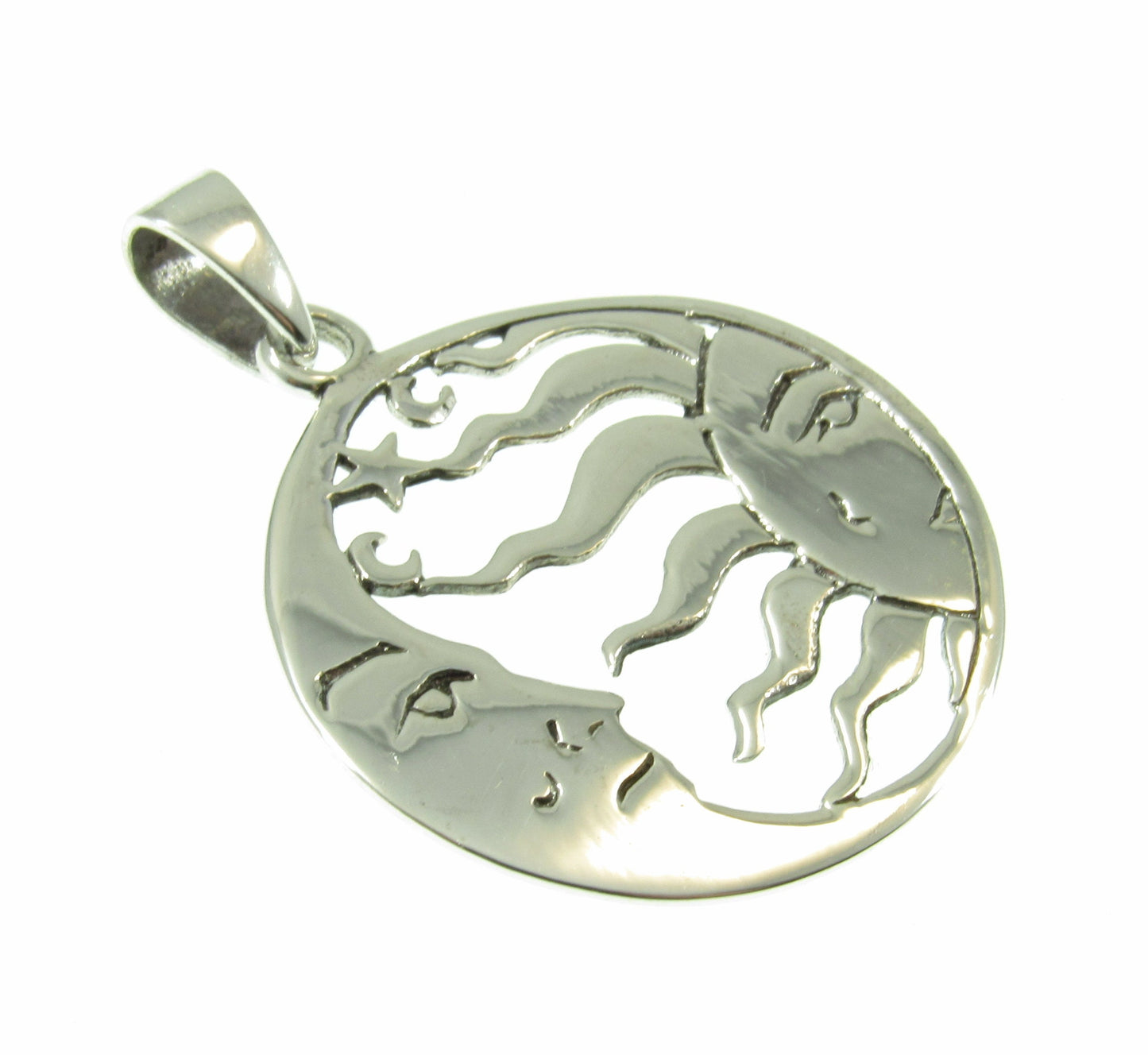 Solid 925 Sterling Silver Crescent Moon And Sun Pendant, Ying Yang Man & Woman Faces, Boho Lunar Amulet, Necklace Charm, Astrology Gift