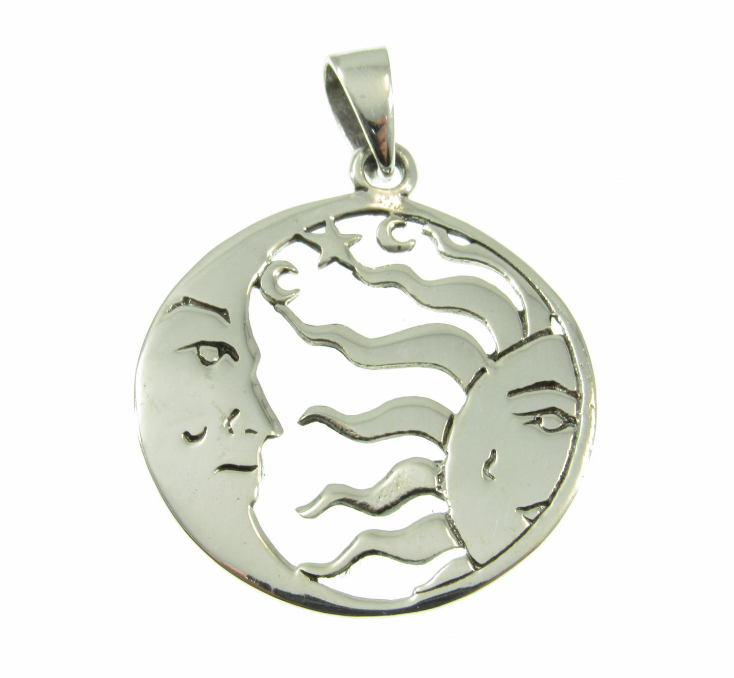 Solid 925 Sterling Silver Crescent Moon And Sun Pendant, Ying Yang Man & Woman Faces, Boho Lunar Amulet, Necklace Charm, Astrology Gift