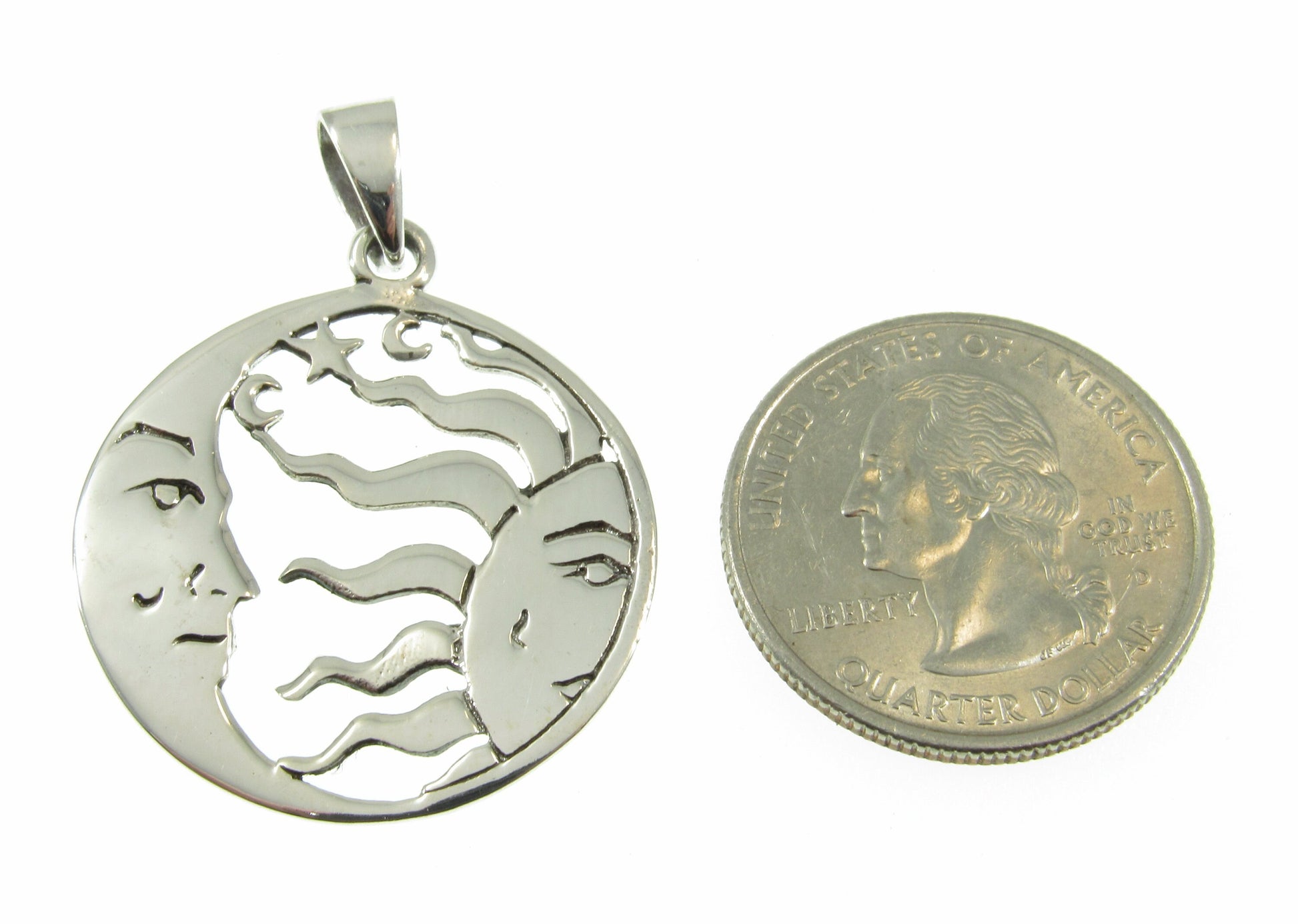 Solid 925 Sterling Silver Crescent Moon And Sun Pendant, Ying Yang Man & Woman Faces, Boho Lunar Amulet, Necklace Charm, Astrology Gift