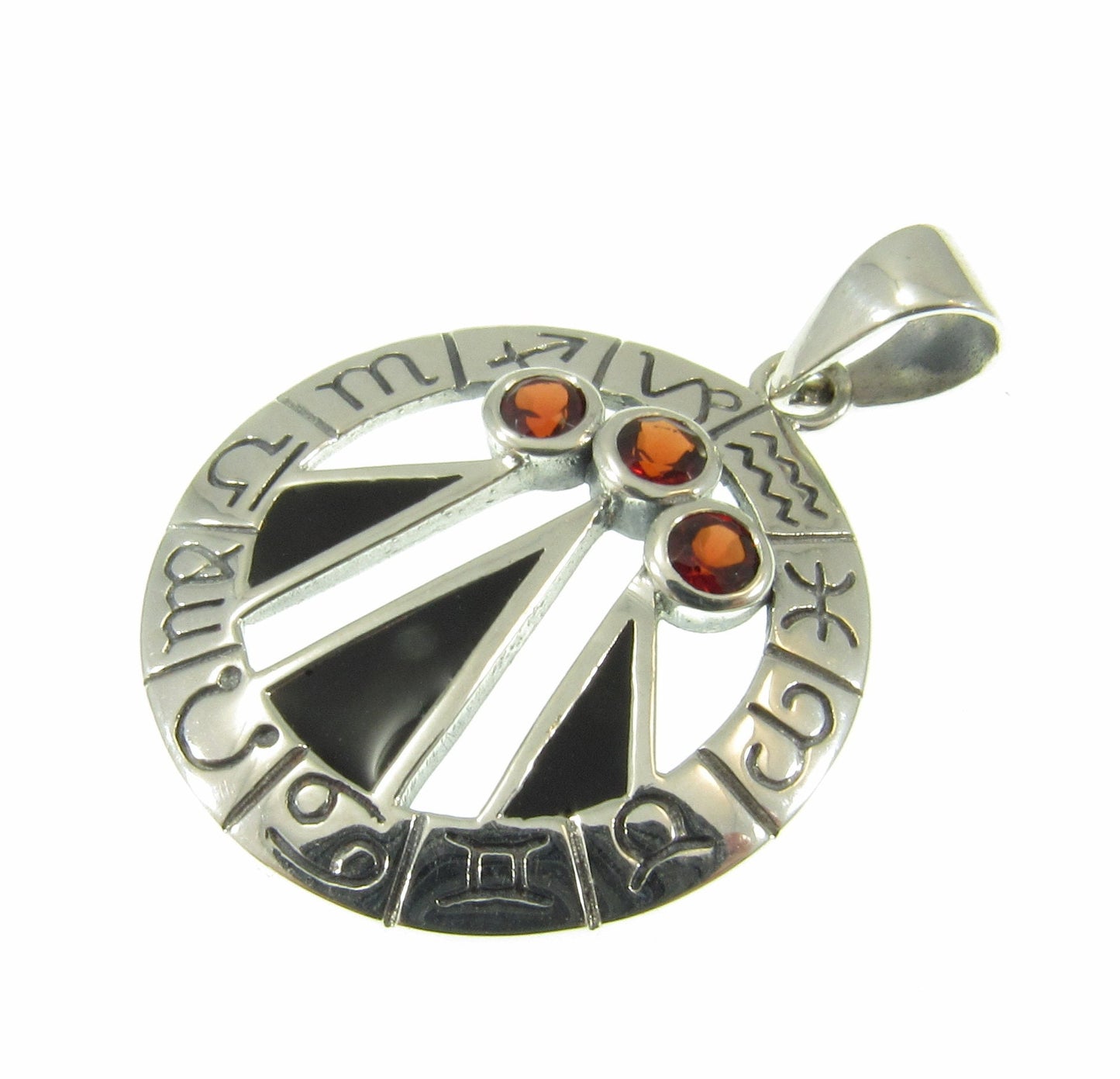 Solid 925 Sterling Silver Zodiac Wheel With Awen The Three Rays of Light, Druid Pendant, Choose Gemstone: Amethyst, Garnet, or Topaz