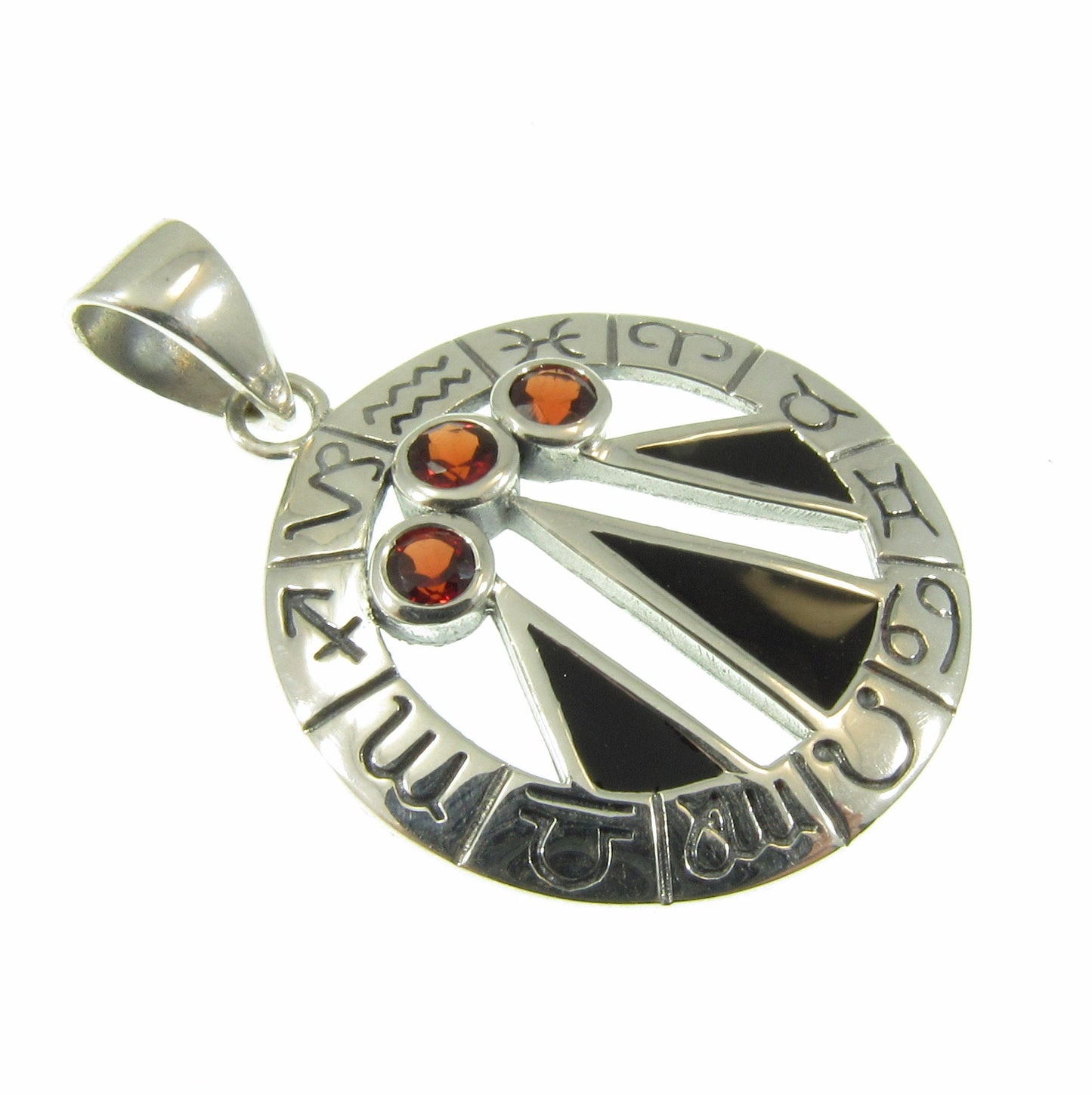 Solid 925 Sterling Silver Zodiac Wheel With Awen The Three Rays of Light, Druid Pendant, Choose Gemstone: Amethyst, Garnet, or Topaz