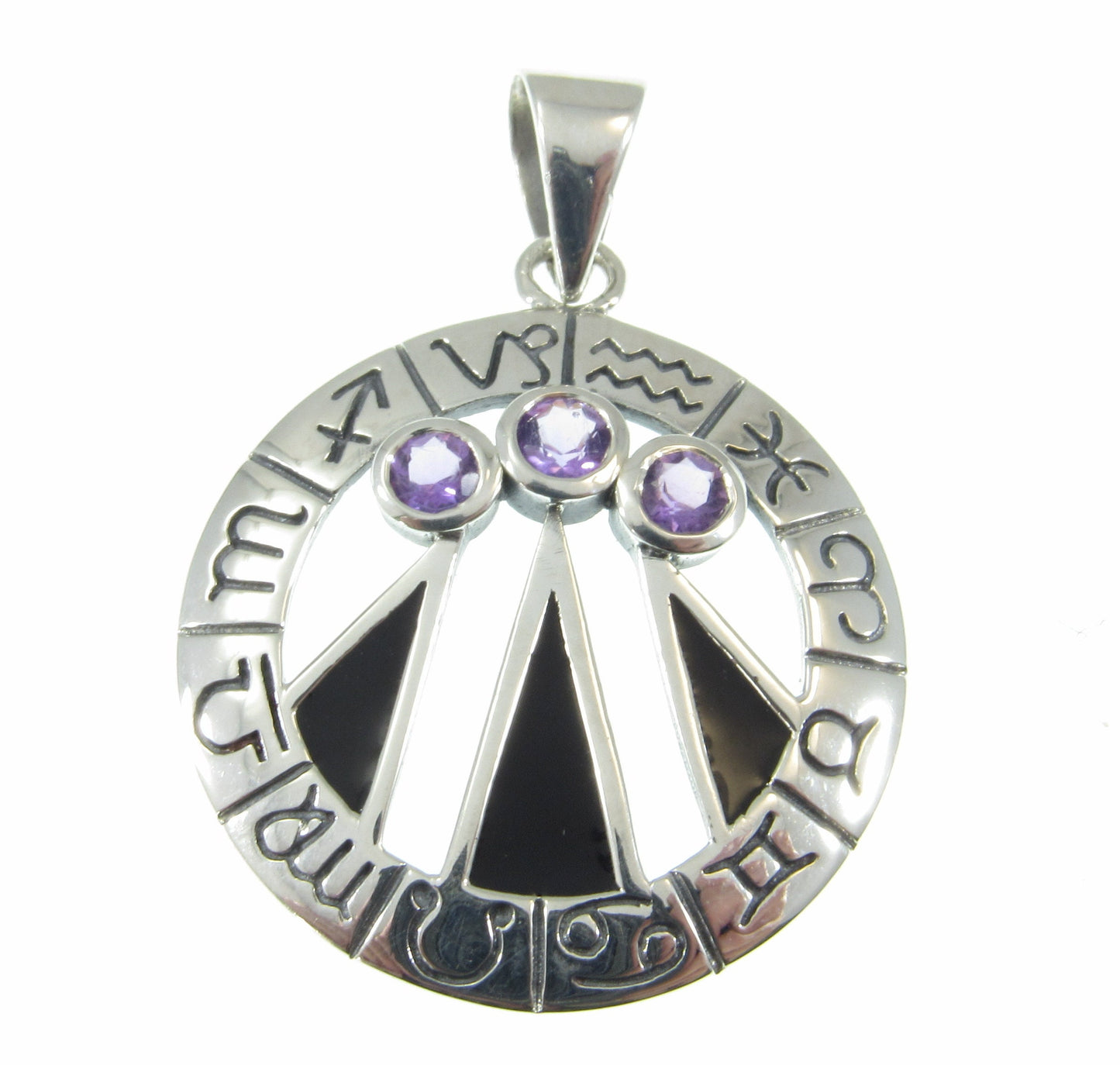 Solid 925 Sterling Silver Zodiac Wheel With Awen The Three Rays of Light, Druid Pendant, Choose Gemstone: Amethyst, Garnet, or Topaz