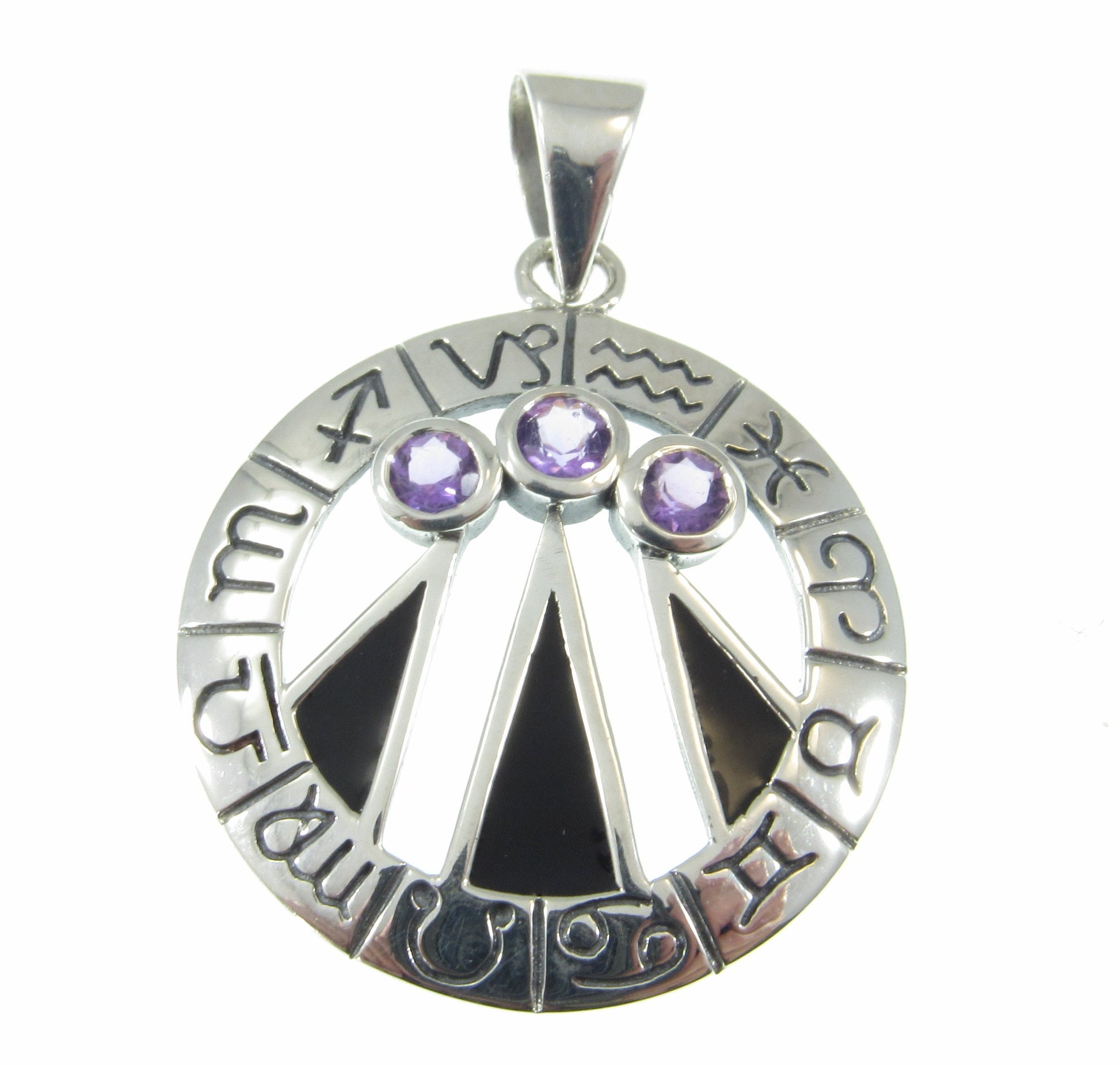 Solid 925 Sterling Silver Zodiac Wheel With Awen The Three Rays of Light, Druid Pendant, Choose Gemstone: Amethyst, Garnet, or Topaz