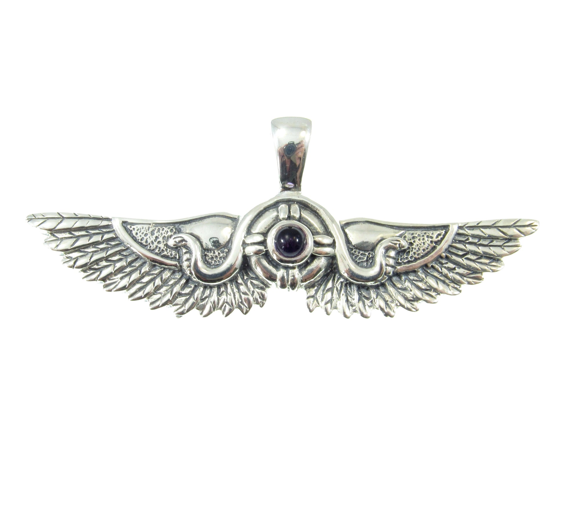 Solid 925 Sterling Silver Egyptian Outspread Falcon Wings Pendant, 2 Serpents and genuine gemstone sun disc, amethyst, garnet, or blue topaz