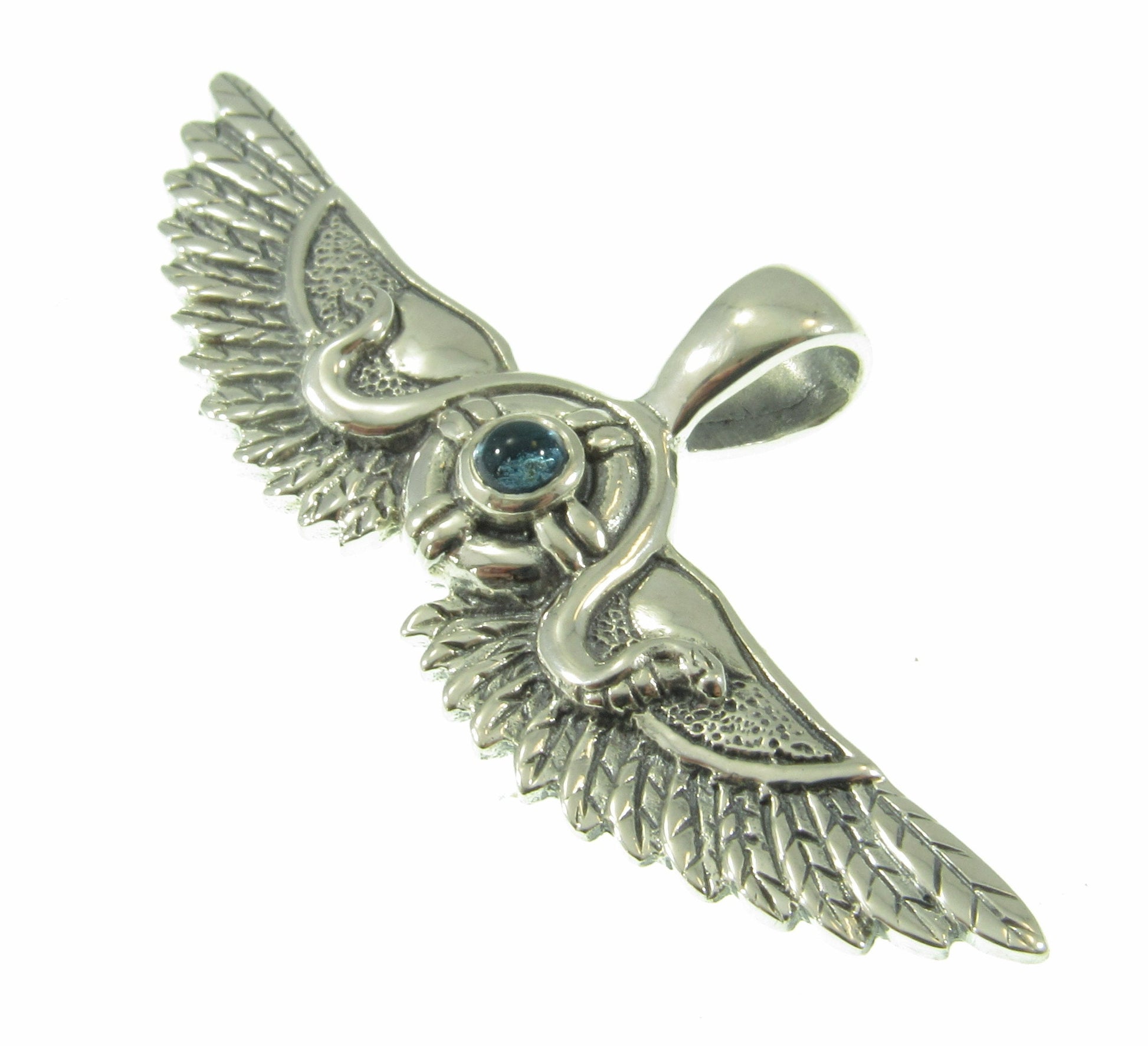 Solid 925 Sterling Silver Egyptian Outspread Falcon Wings Pendant, 2 Serpents and genuine gemstone sun disc, amethyst, garnet, or blue topaz