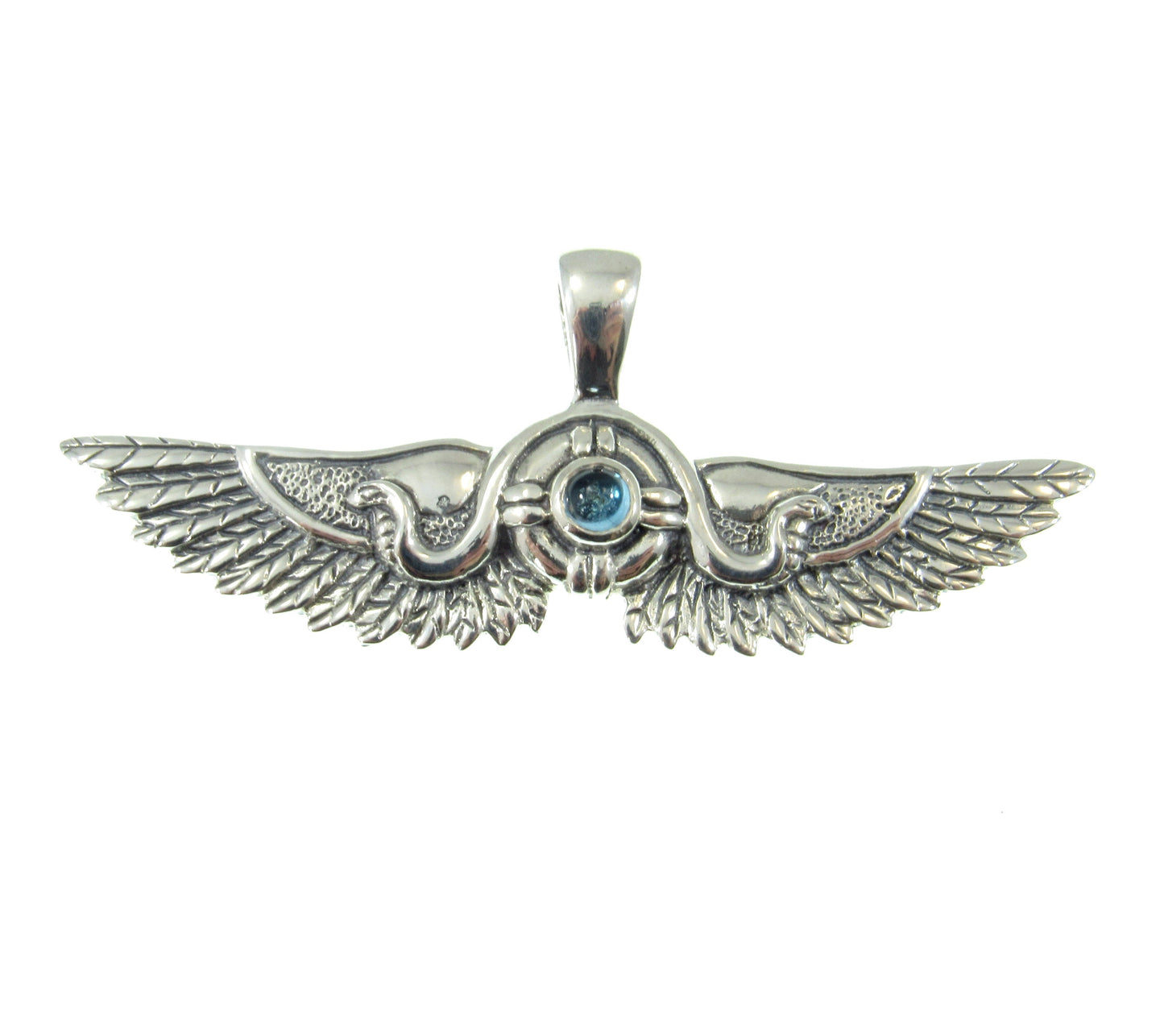 Solid 925 Sterling Silver Egyptian Outspread Falcon Wings Pendant, 2 Serpents and genuine gemstone sun disc, amethyst, garnet, or blue topaz