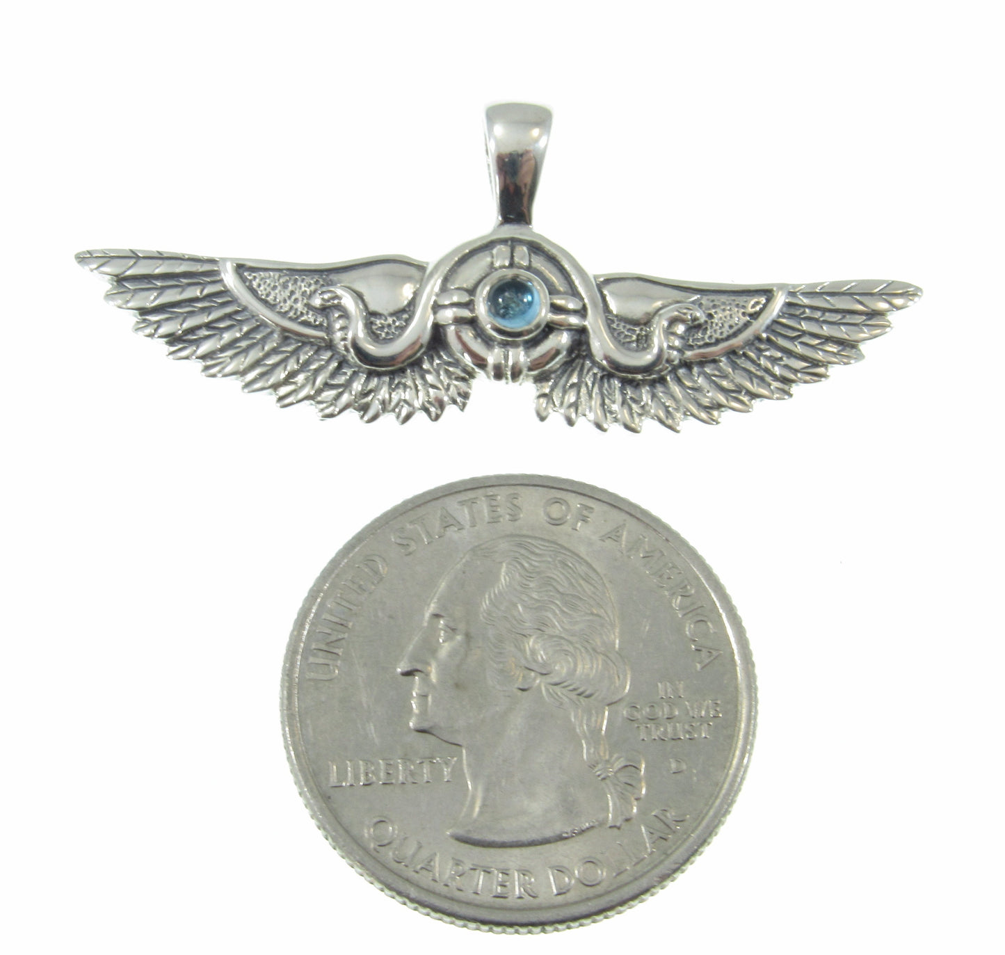 Solid 925 Sterling Silver Egyptian Outspread Falcon Wings Pendant, 2 Serpents and genuine gemstone sun disc, amethyst, garnet, or blue topaz