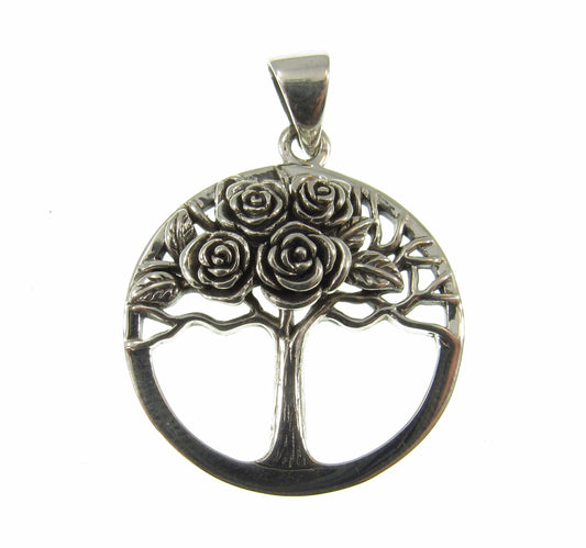 Solid 925 Sterling Silver Tree of Life With Roses Pendant, Handcrafted Yggdrasil Jewelry, Cycle of Life Symbol of the Afterlife