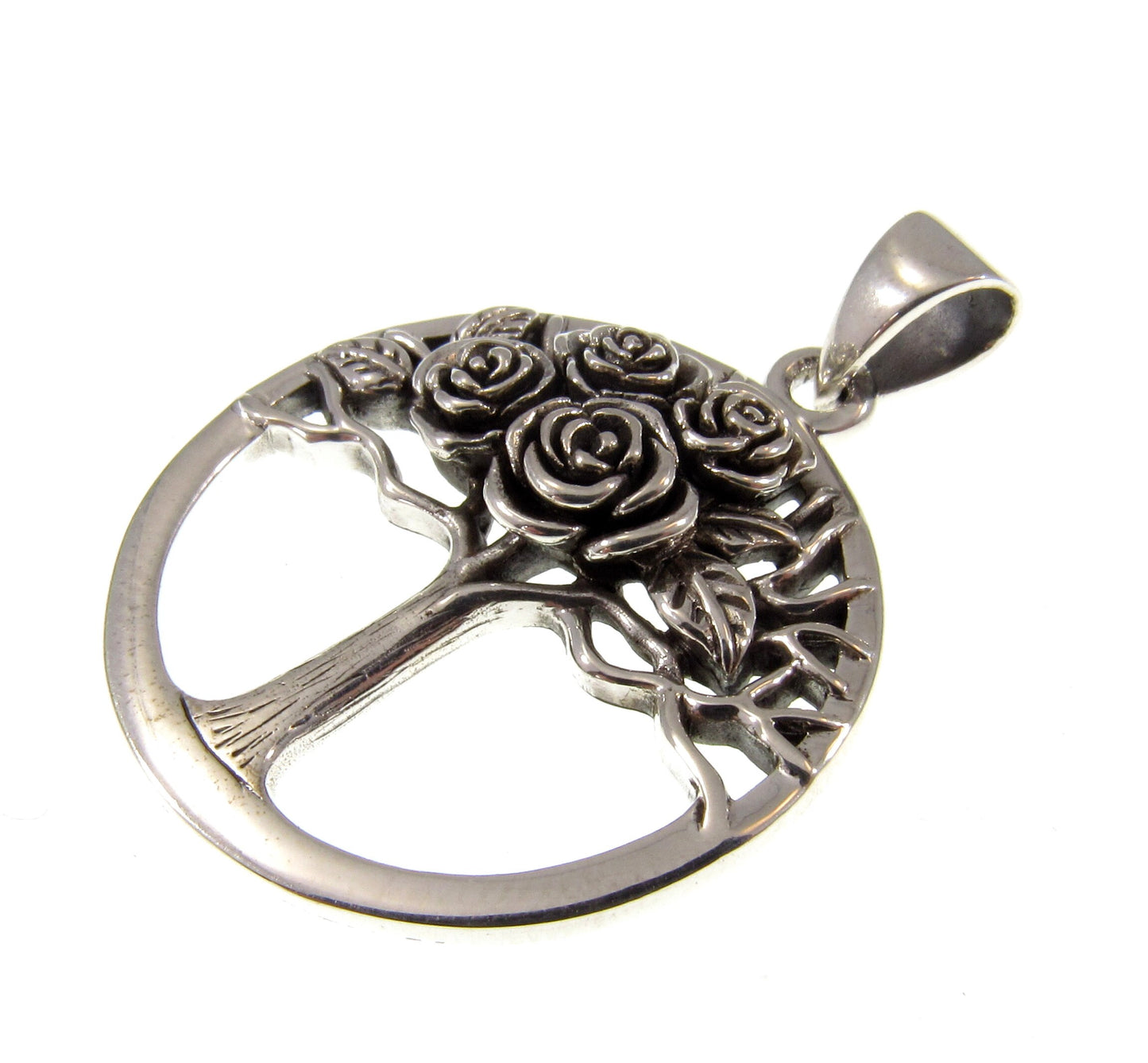 Solid 925 Sterling Silver Tree of Life With Roses Pendant, Handcrafted Yggdrasil Jewelry, Cycle of Life Symbol of the Afterlife