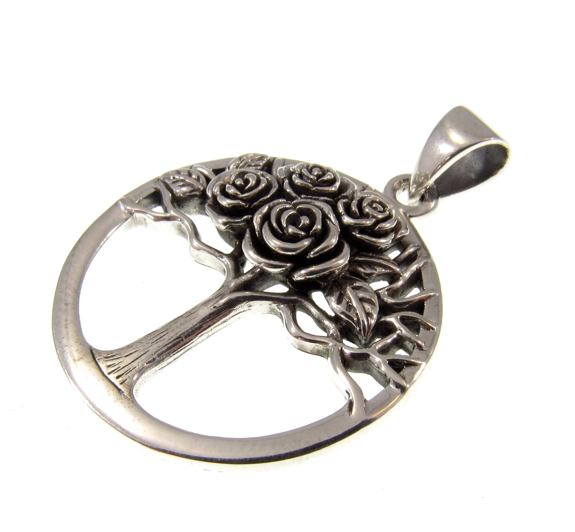 Solid 925 Sterling Silver Tree of Life With Roses Pendant, Handcrafted Yggdrasil Jewelry, Cycle of Life Symbol of the Afterlife