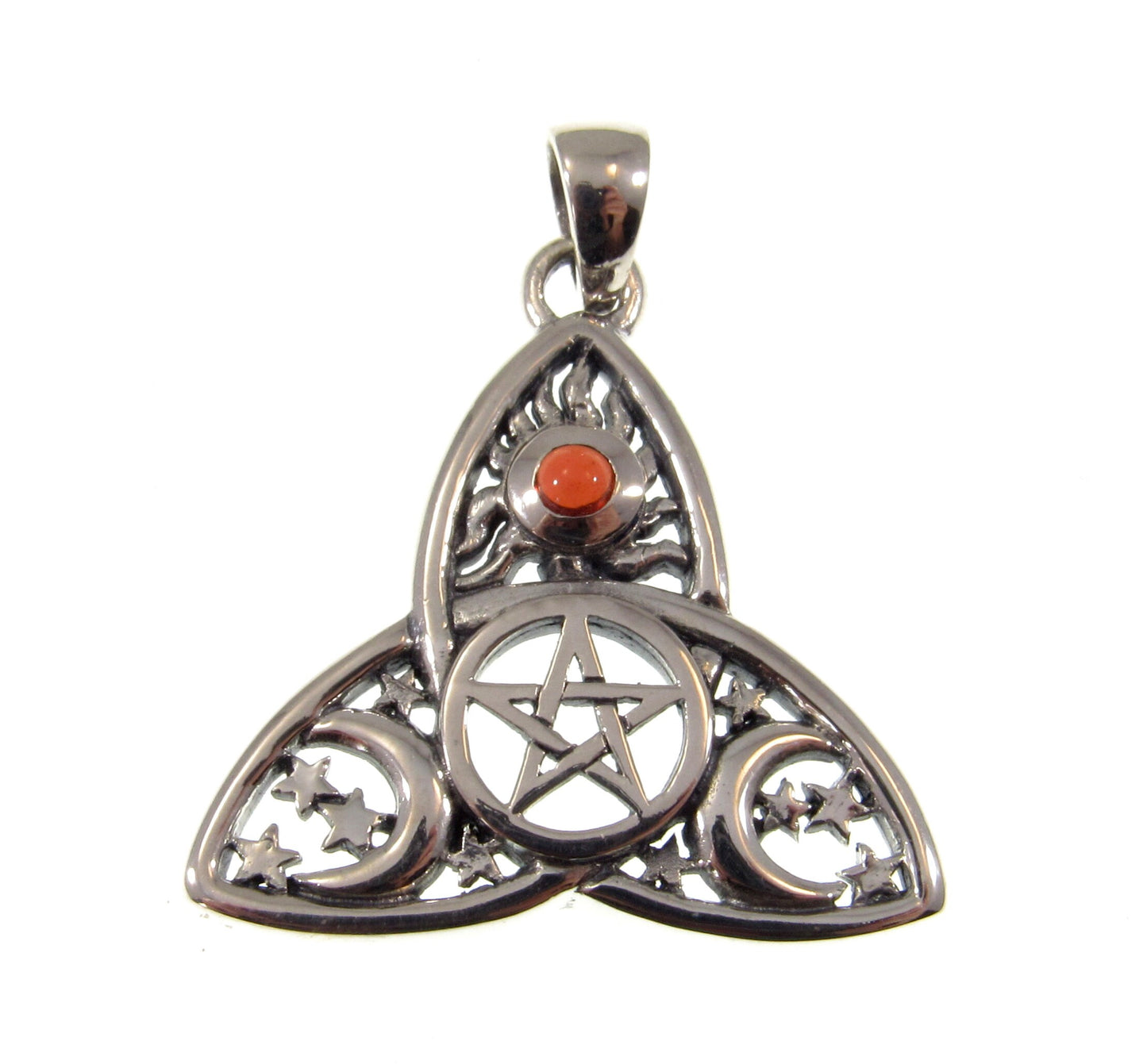 Solid 925 Sterling Silver Celtic Triquetra Pentacle Sun, Moon, & Stars Pendant, Banishing Talisman, Amethyst, Garnet, Topaz, Moonstone