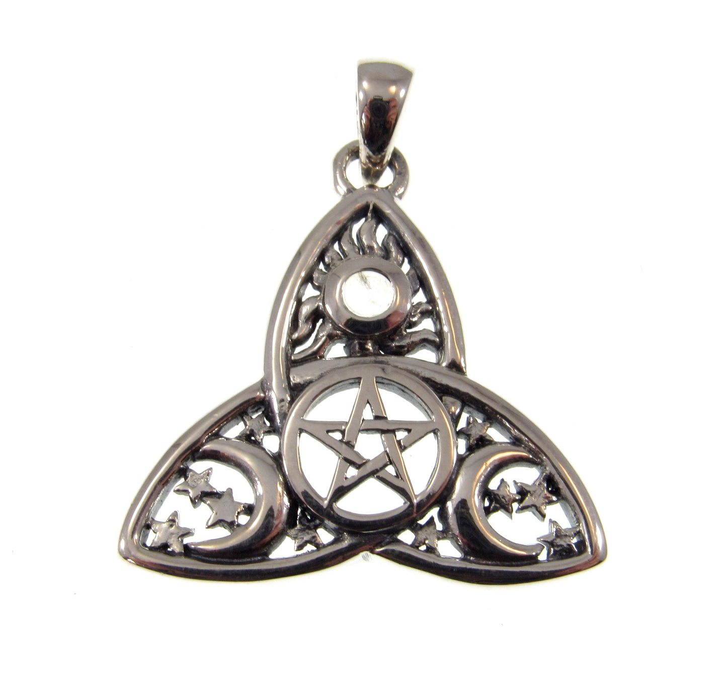 Solid 925 Sterling Silver Celtic Triquetra Pentacle Sun, Moon, & Stars Pendant, Banishing Talisman, Amethyst, Garnet, Topaz, Moonstone