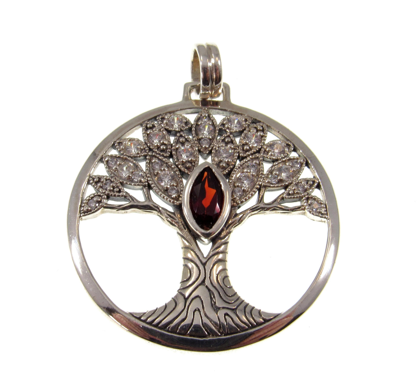 Solid 925 Sterling Silver Wondrous Tree of Life Pendant With Faceted Marquis Gemstone, Choose Amethyst, Garnet, Peridot, or Topaz