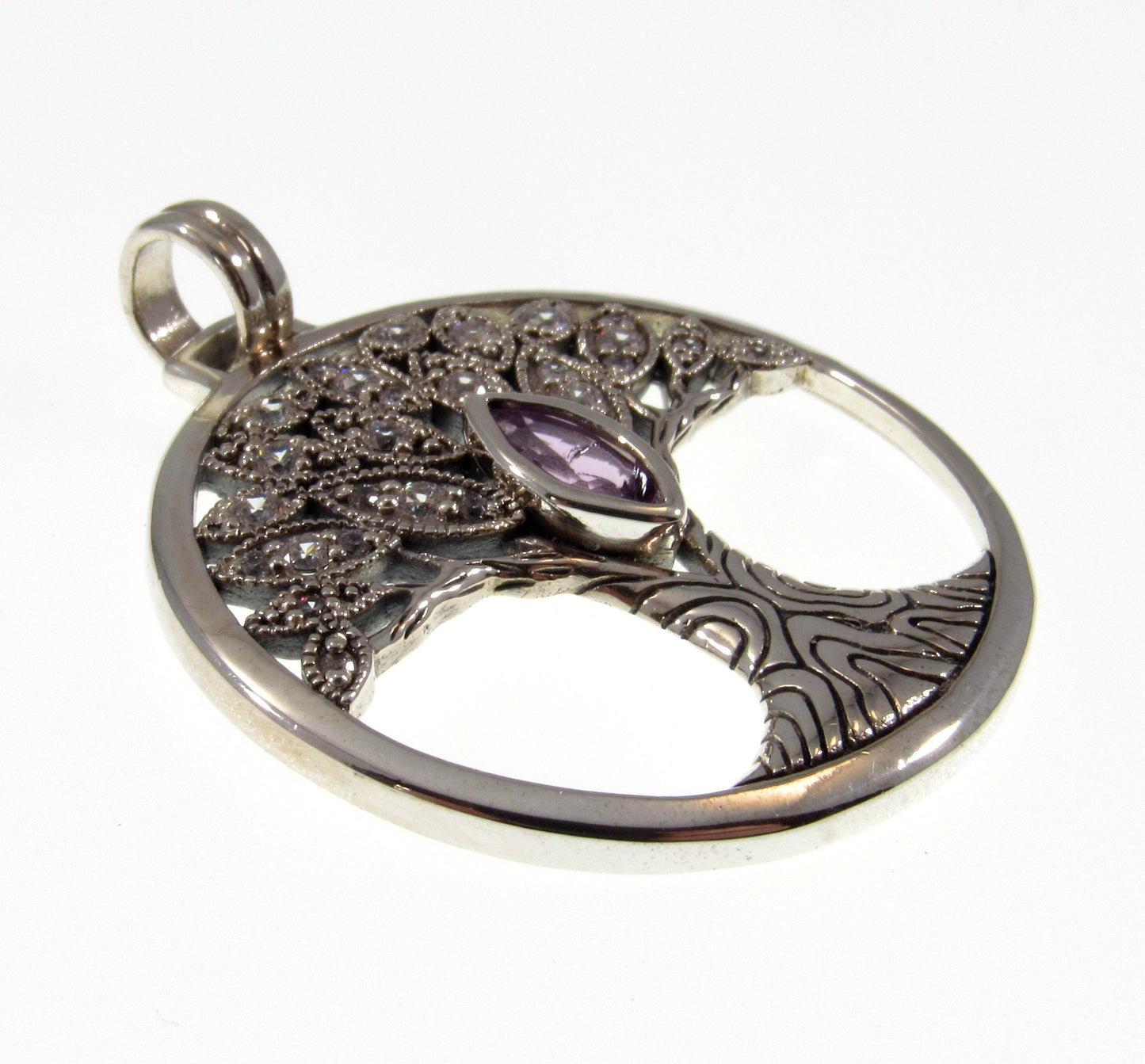 Solid 925 Sterling Silver Wondrous Tree of Life Pendant With Faceted Marquis Gemstone, Choose Amethyst, Garnet, Peridot, or Topaz
