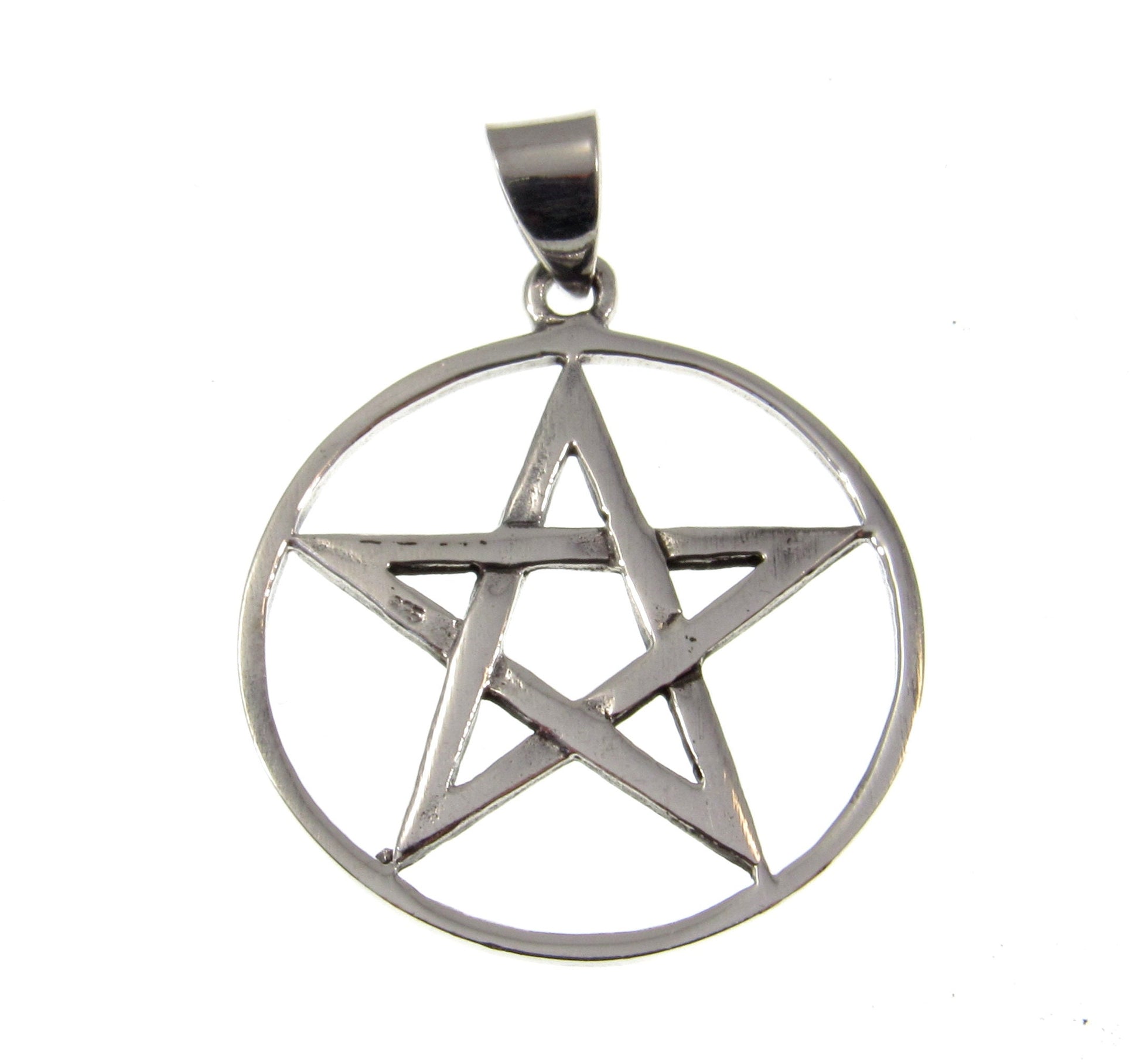Medium Solid 925 Sterling Silver Pentagram Pendant – Wiccan Protection Amulet, Five-Pointed Star in Circle, Occult Pagan Symbol